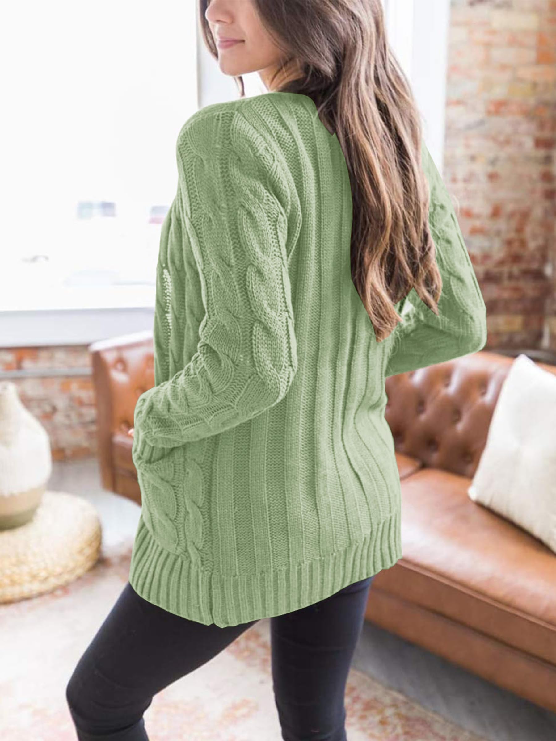 Foto 4 | Jersey Tipo Cárdigan Prettygarden Para Mujer, Tejido Trenzado, Color Verde Claro - Venta Internacional.