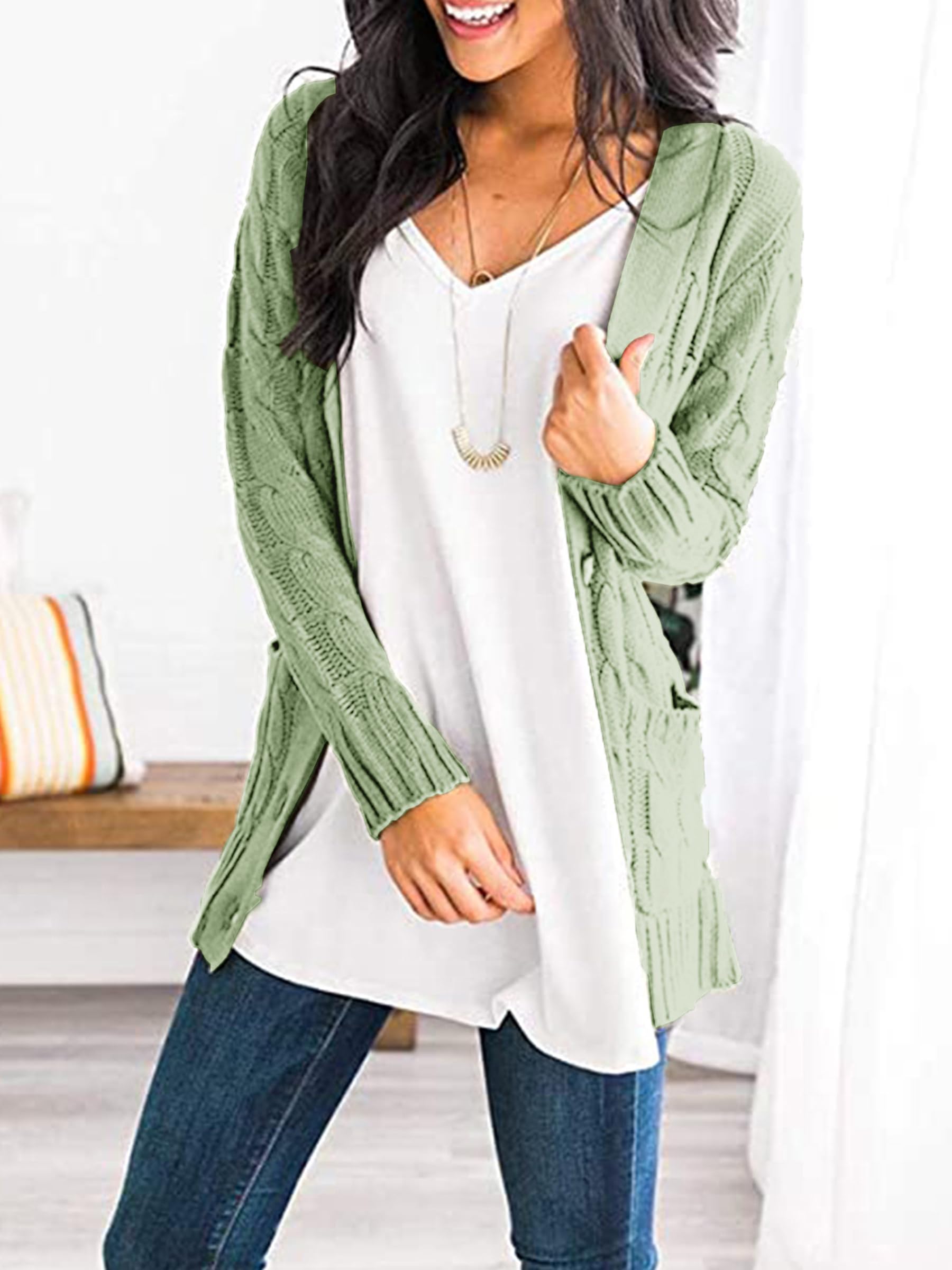 Foto 6 pulgar | Jersey Tipo Cárdigan Prettygarden Para Mujer, Tejido Trenzado, Color Verde Claro - Venta Internacional.