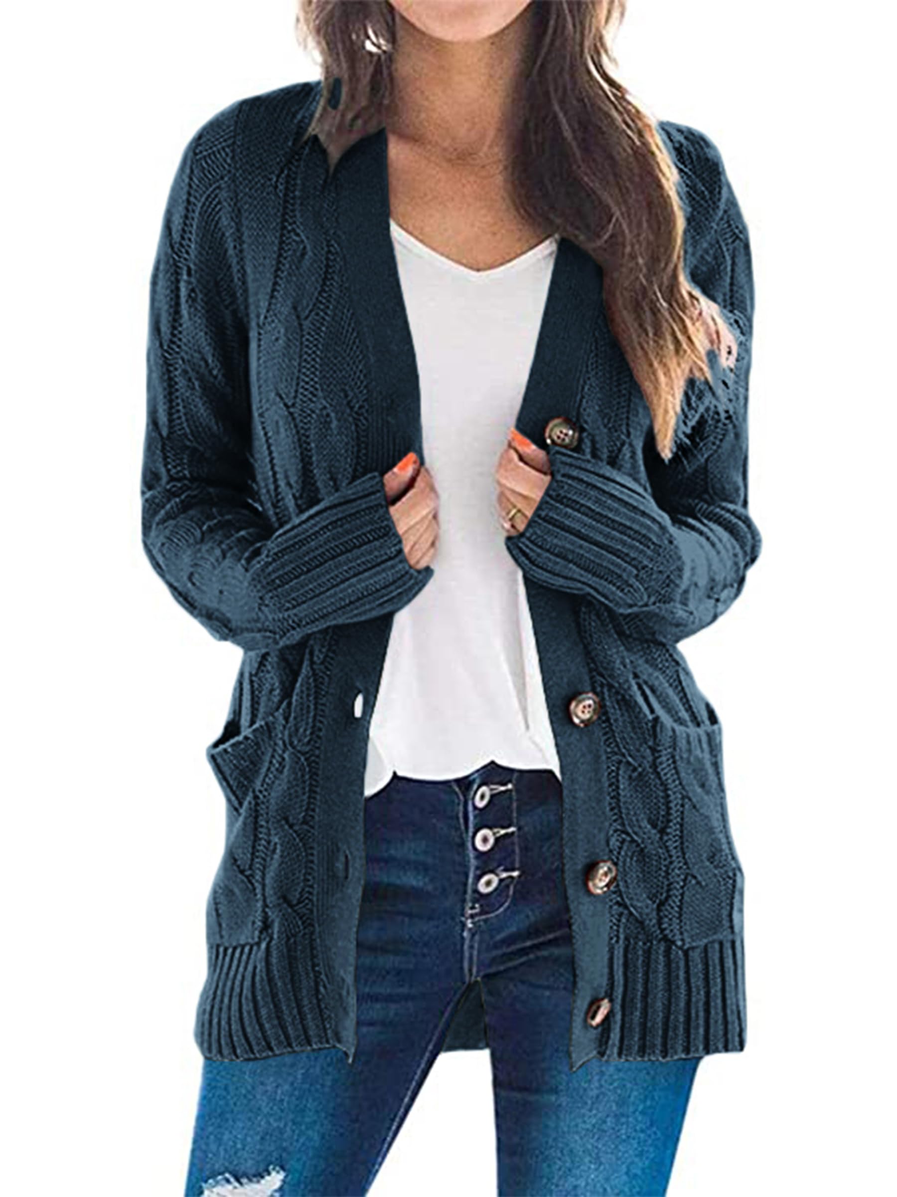 Foto 2 pulgar | Jersey Tipo Cárdigan Prettygarden Para Mujer, Tejido Trenzado, Azul Lago - Venta Internacional.