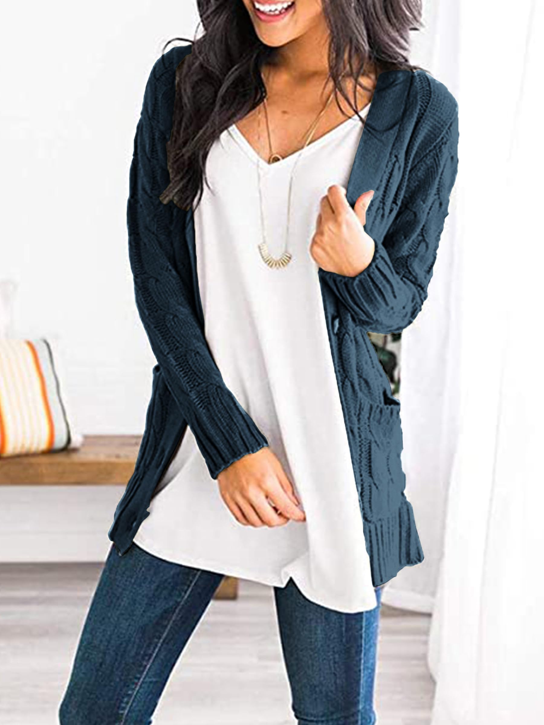 Foto 5 | Jersey Tipo Cárdigan Prettygarden Para Mujer, Tejido Trenzado, Azul Lago - Venta Internacional.