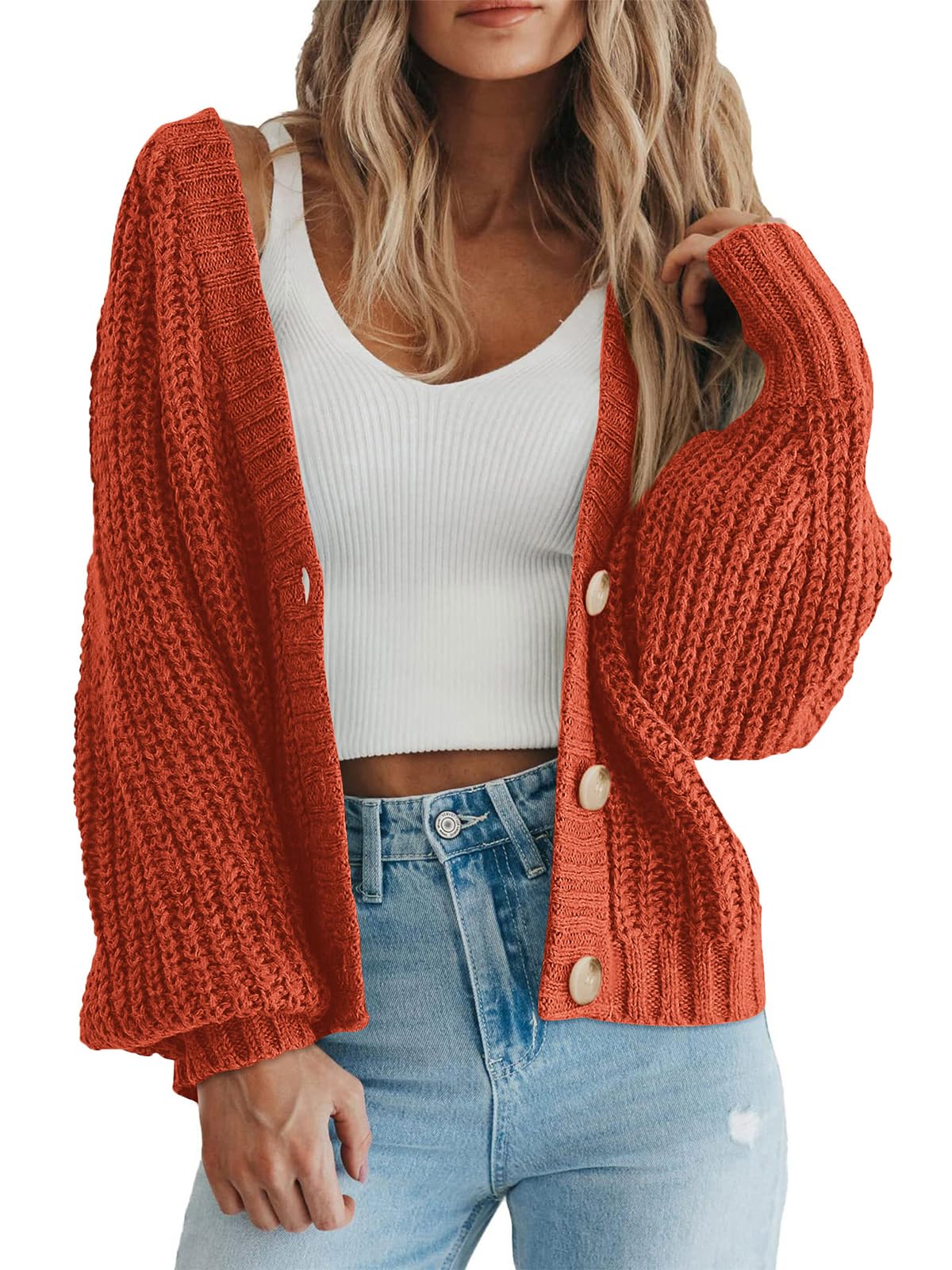 Foto 1 | Cárdigan Prettygarden Para Mujer, Cuello En V, Tejido Con Botones, Rojo Oxidado - Venta Internacional.