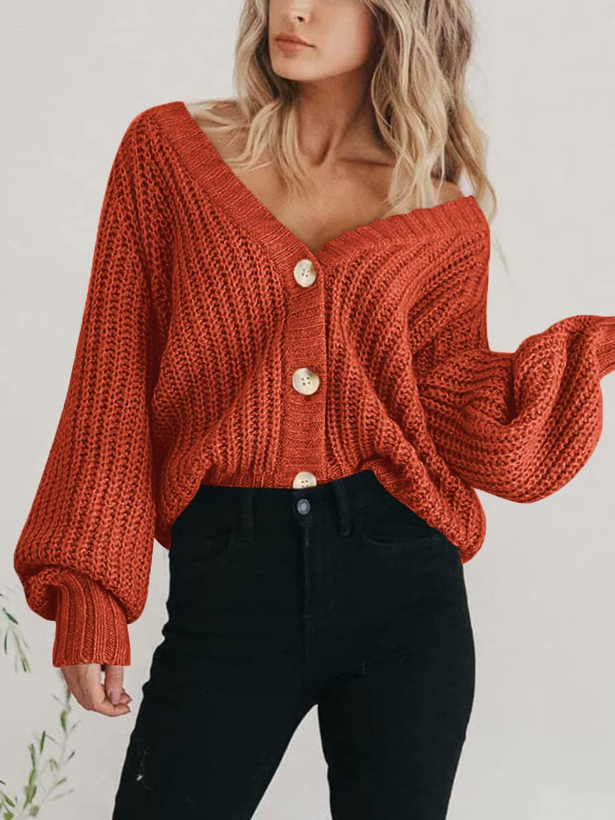 Foto 7 | Cárdigan Prettygarden Para Mujer, Cuello En V, Tejido Con Botones, Rojo Oxidado - Venta Internacional.