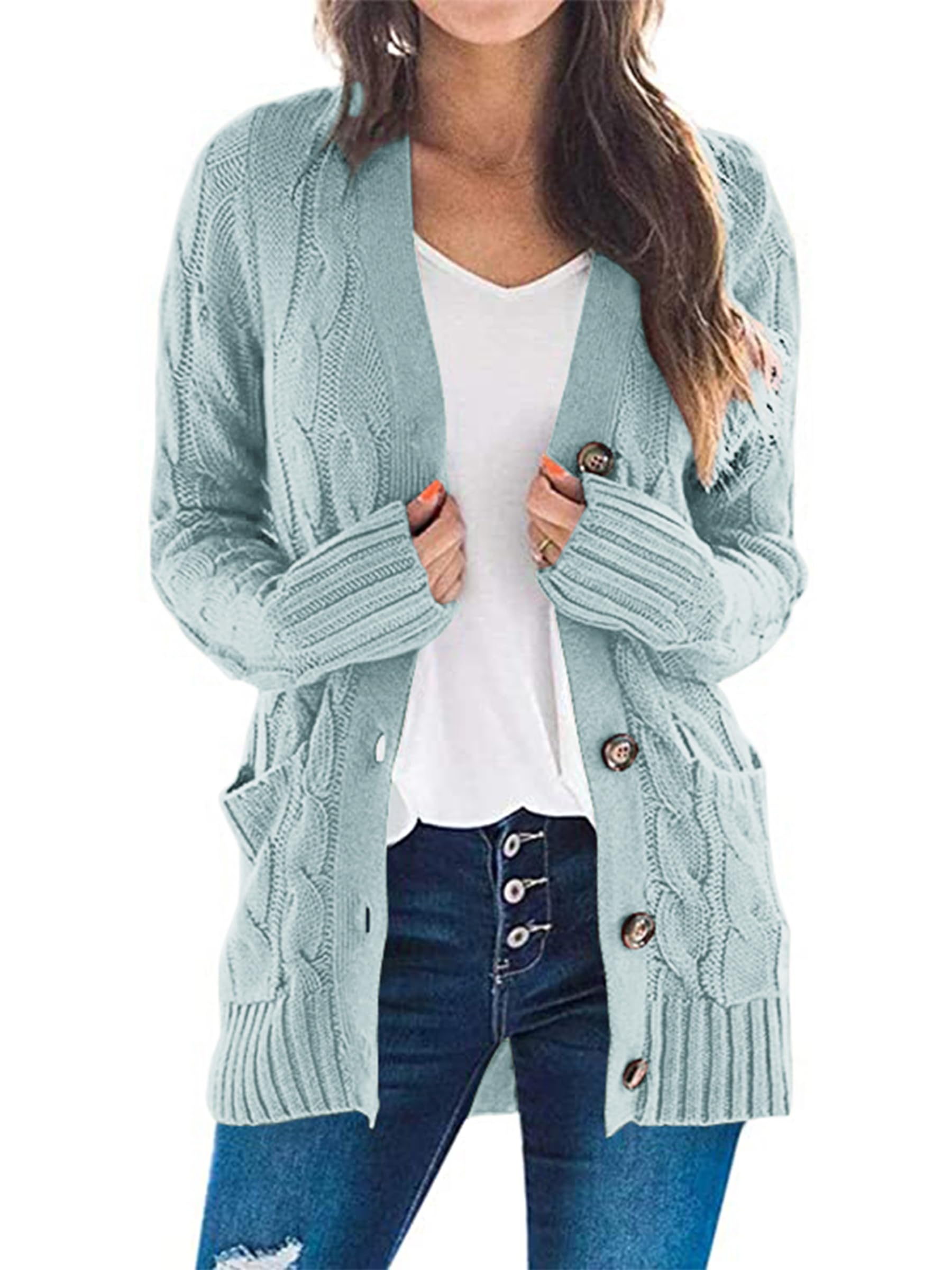 Jersey Tipo Cárdigan Prettygarden Para Mujer, Tejido Trenzado, Color Verde, Talla S - Venta Internacional.