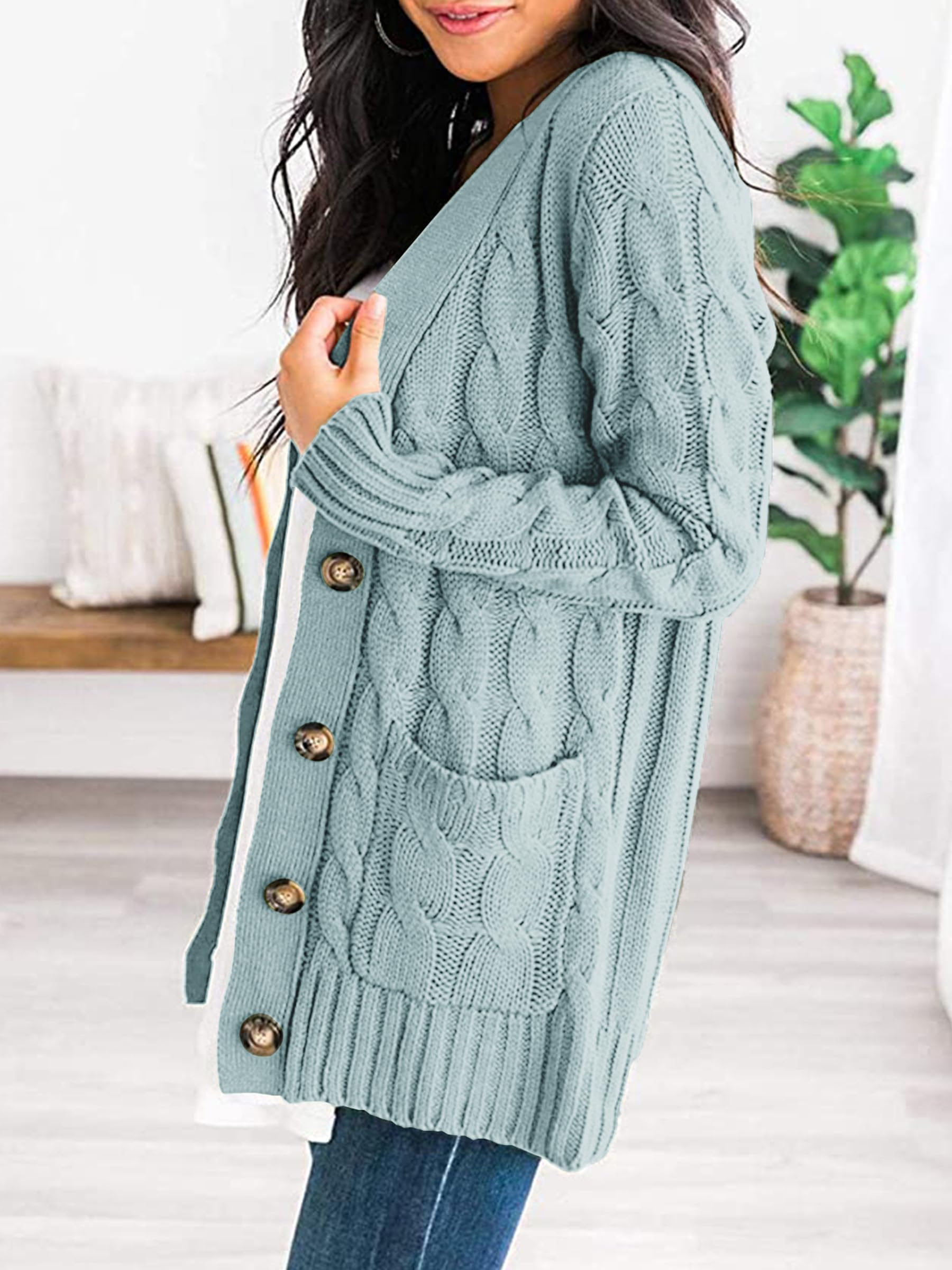 Foto 2 | Jersey Tipo Cárdigan Prettygarden Para Mujer, Tejido Trenzado, Color Verde, Talla S - Venta Internacional.