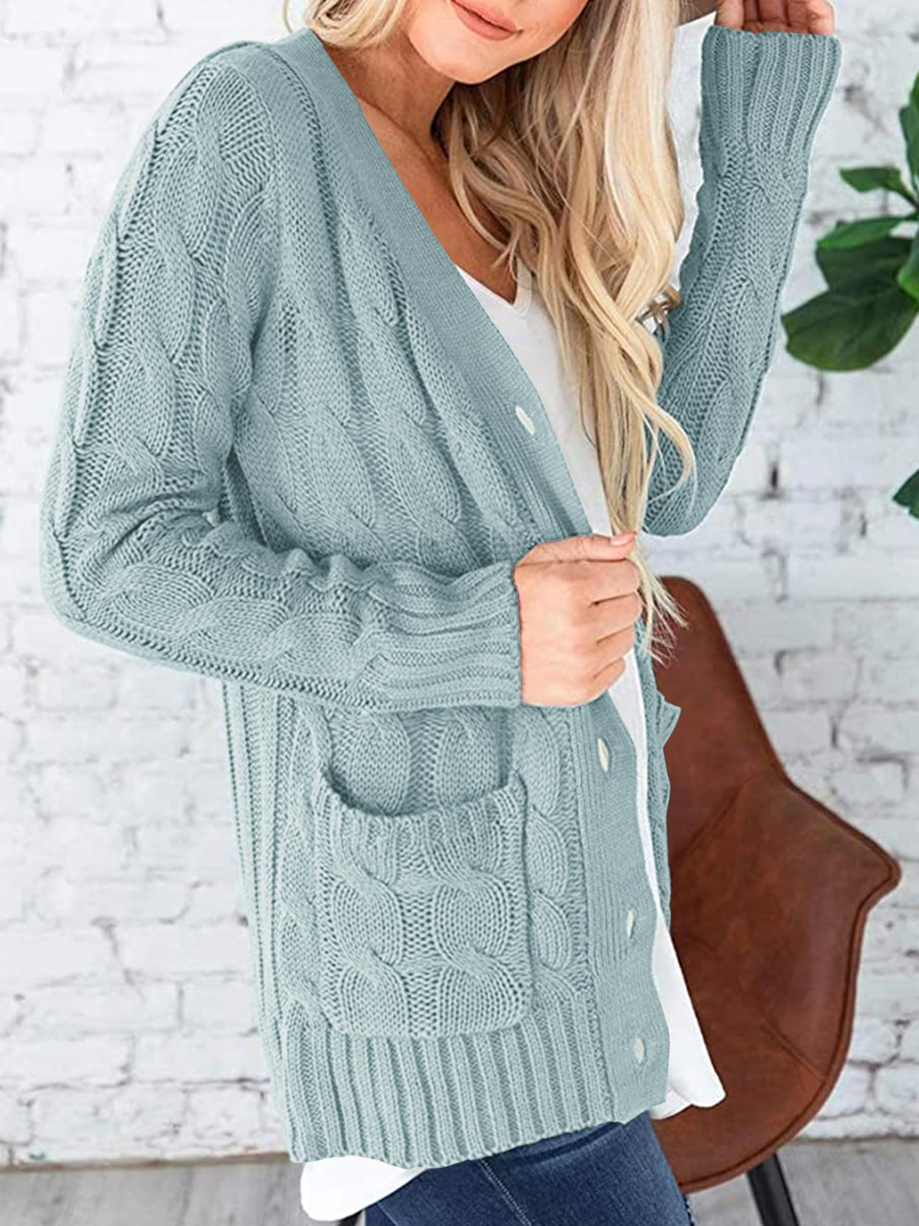 Foto 4 pulgar | Jersey Tipo Cárdigan Prettygarden Para Mujer, Tejido Trenzado, Color Verde, Talla S - Venta Internacional.