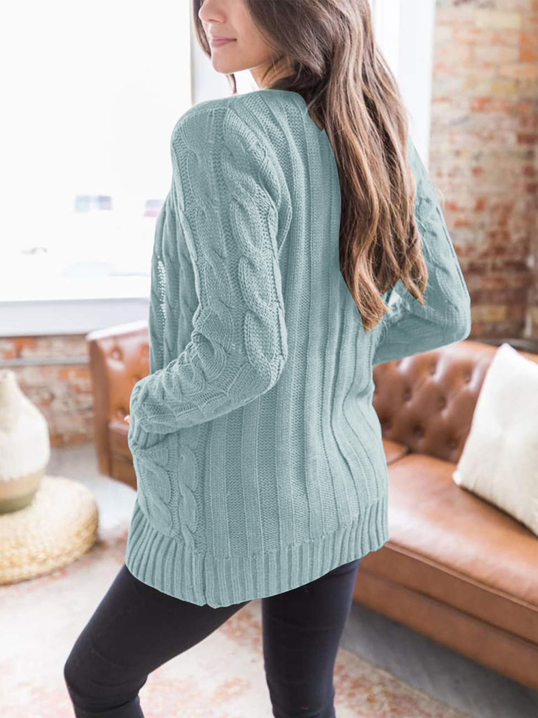 Foto 4 | Jersey Tipo Cárdigan Prettygarden Para Mujer, Tejido Trenzado, Color Verde, Talla S - Venta Internacional.