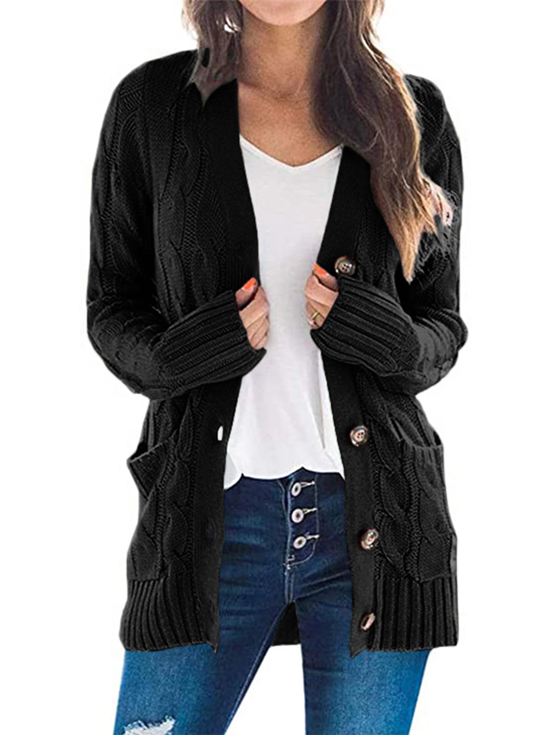 Jersey Tipo Cárdigan Prettygarden Para Mujer, Tejido Trenzado, Negro - Venta Internacional.