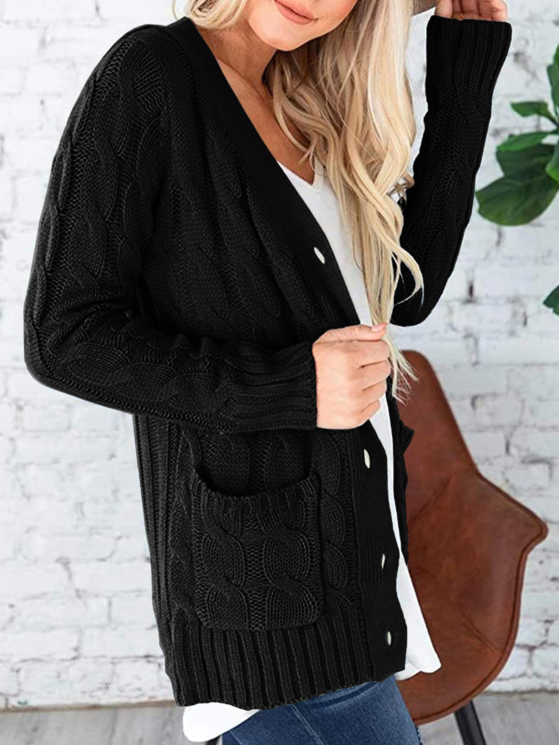 Foto 4 pulgar | Jersey Tipo Cárdigan Prettygarden Para Mujer, Tejido Trenzado, Negro - Venta Internacional.