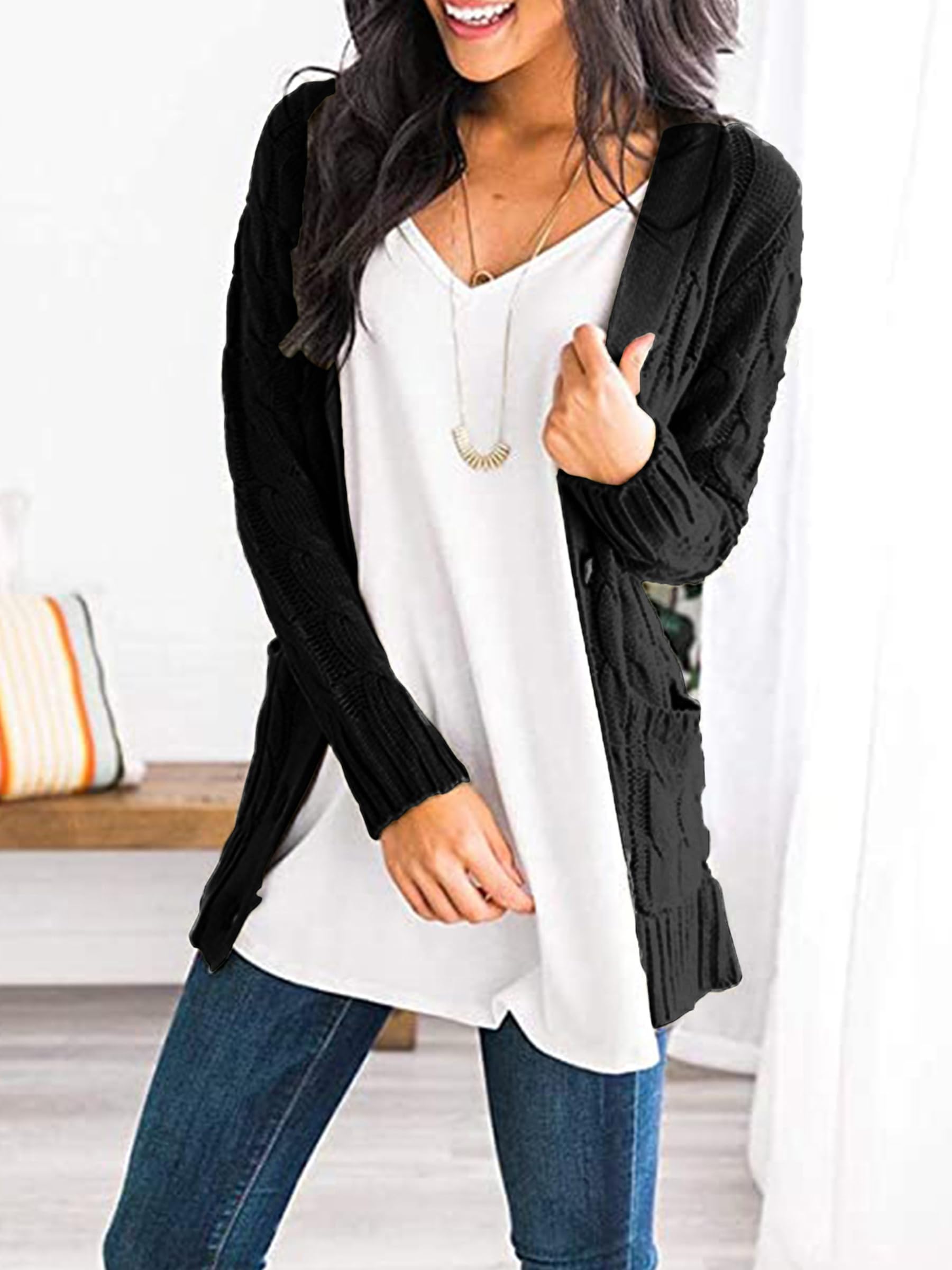 Foto 6 pulgar | Jersey Tipo Cárdigan Prettygarden Para Mujer, Tejido Trenzado, Negro - Venta Internacional.