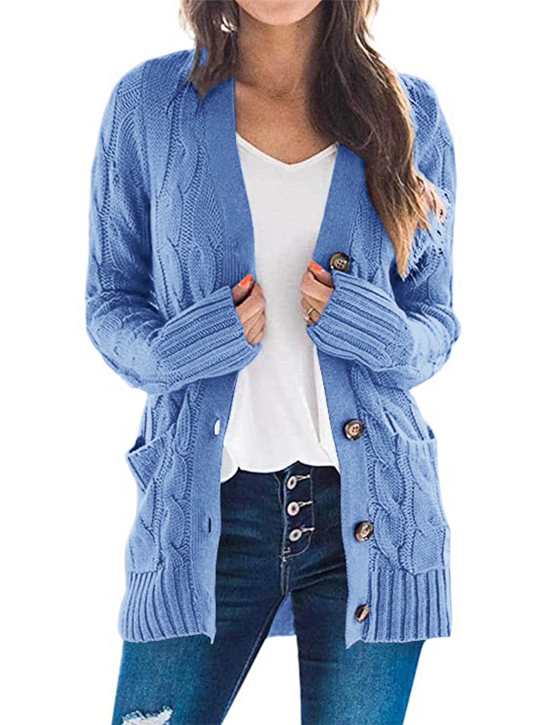 Foto 2 pulgar | Jersey Tipo Cárdigan Prettygarden De Punto Trenzado Para Mujer, Color Azul Cielo - Venta Internacional.