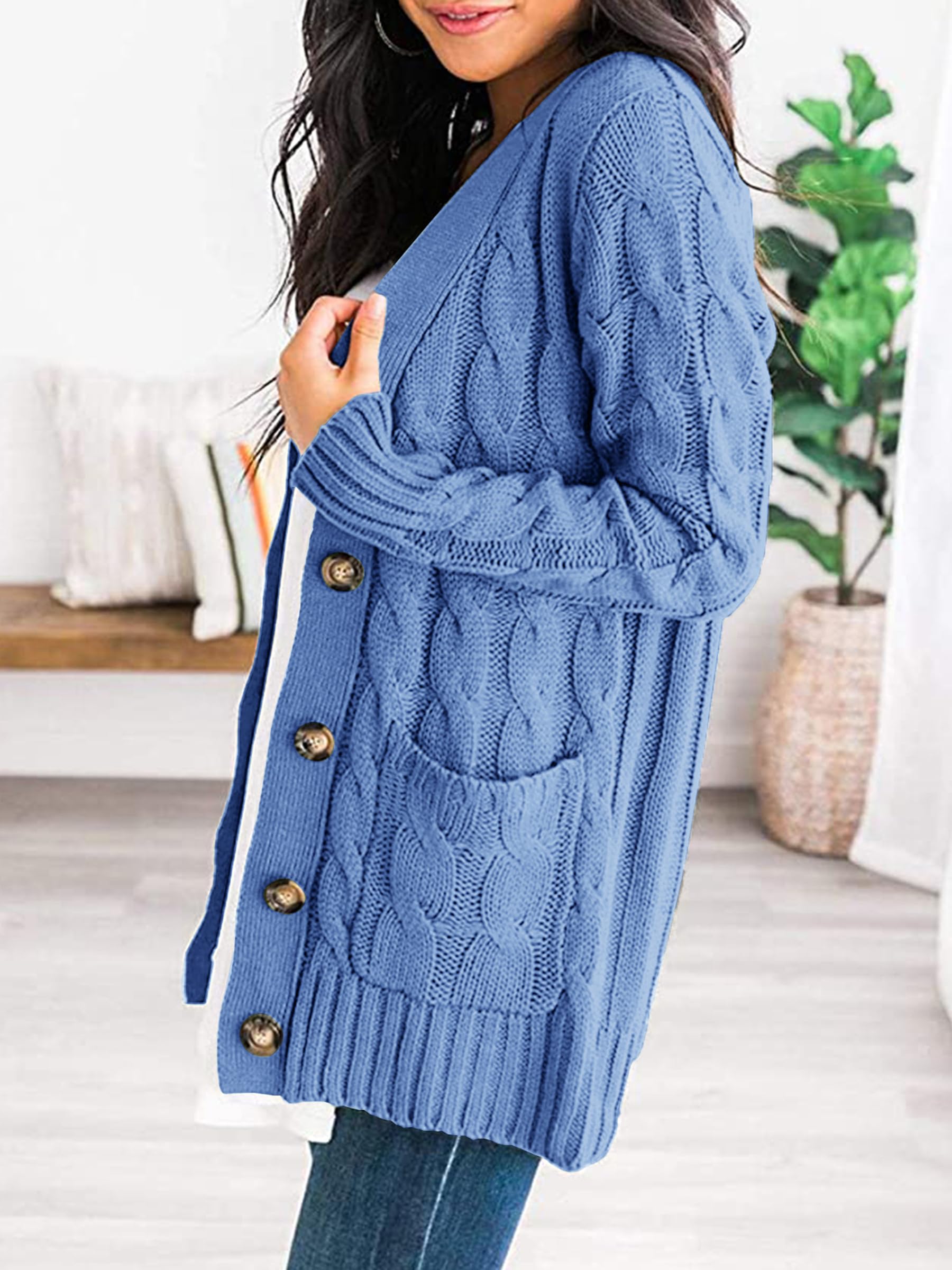 Foto 2 | Jersey Tipo Cárdigan Prettygarden De Punto Trenzado Para Mujer, Color Azul Cielo - Venta Internacional.