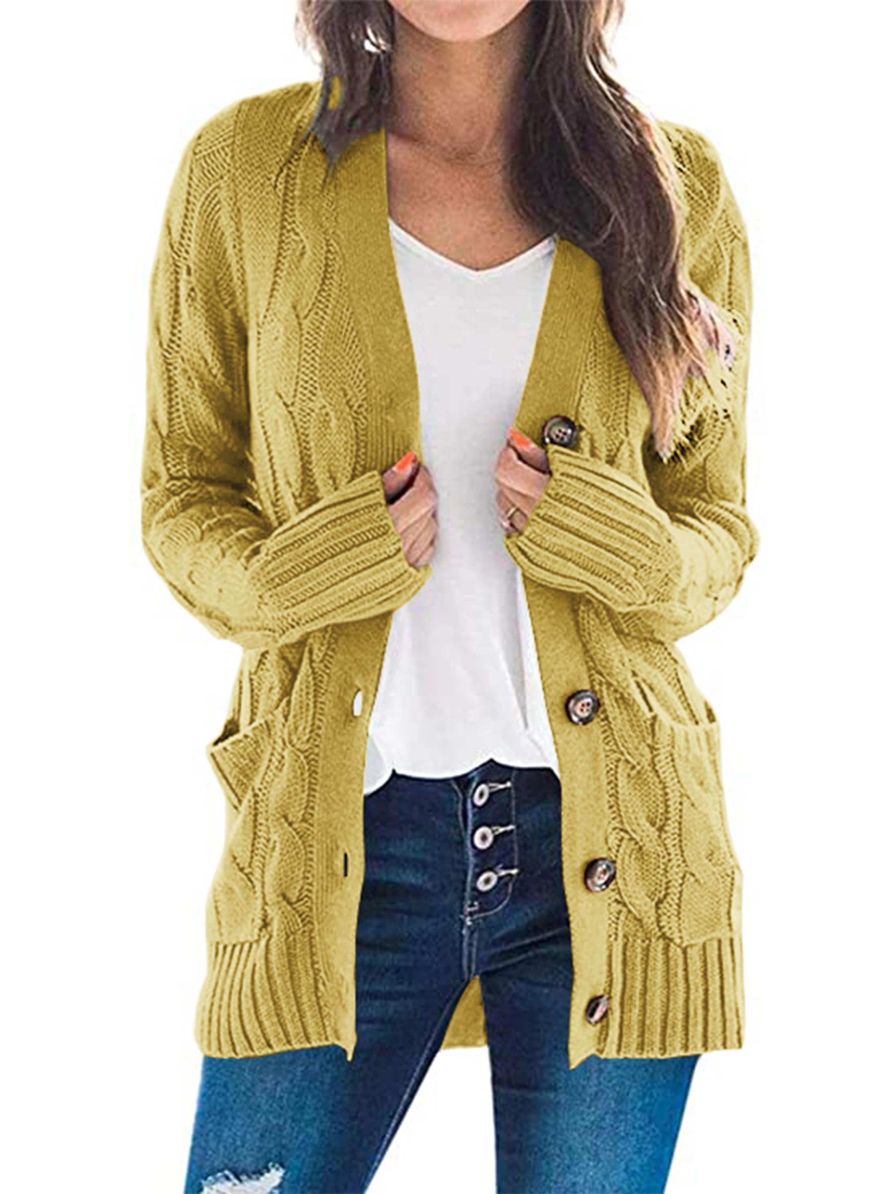 Foto 2 pulgar | Jersey Tipo Cárdigan Prettygarden Para Mujer, Tejido Trenzado, Amarillo - Venta Internacional.