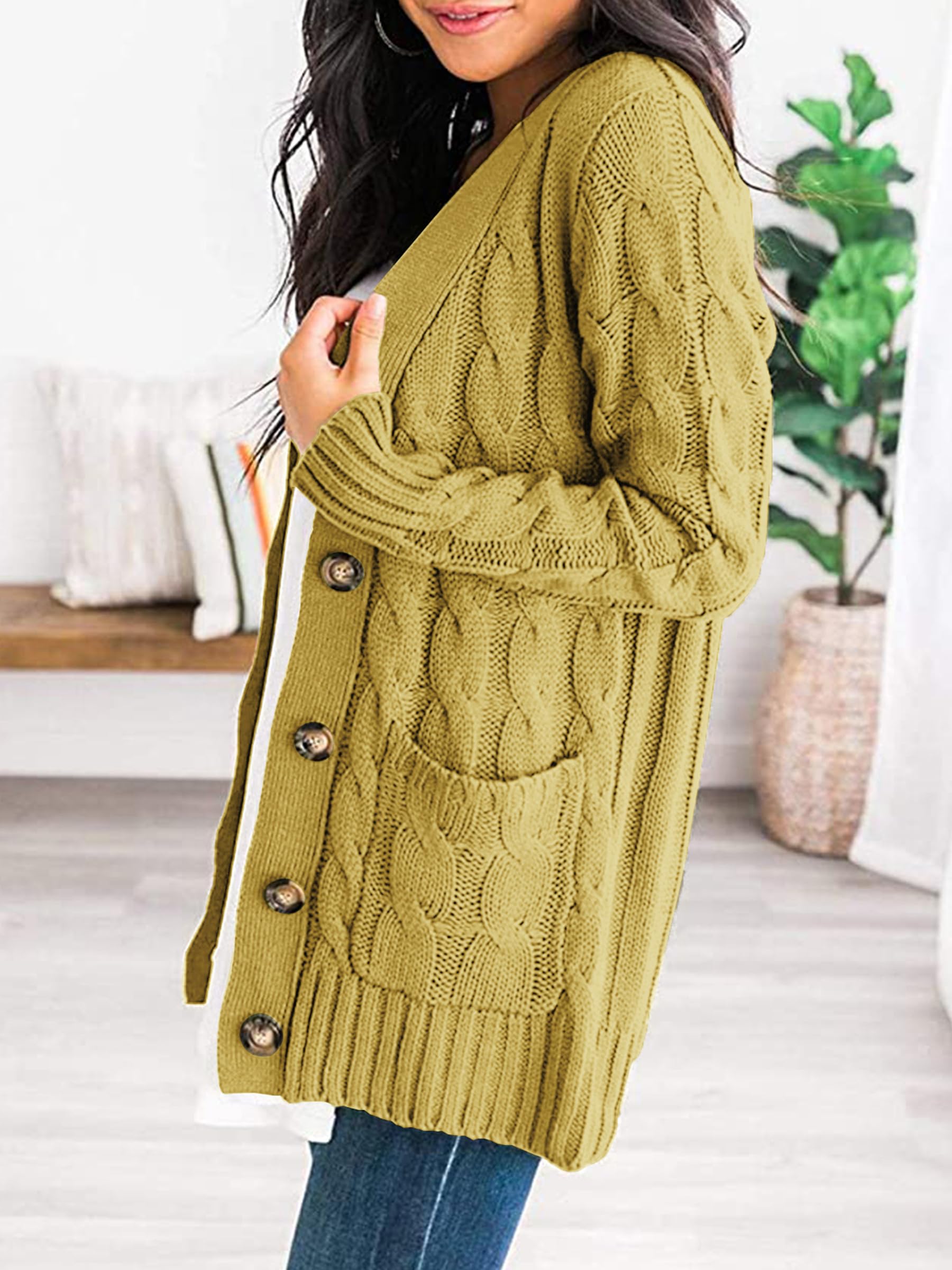Foto 2 | Jersey Tipo Cárdigan Prettygarden Para Mujer, Tejido Trenzado, Amarillo - Venta Internacional.