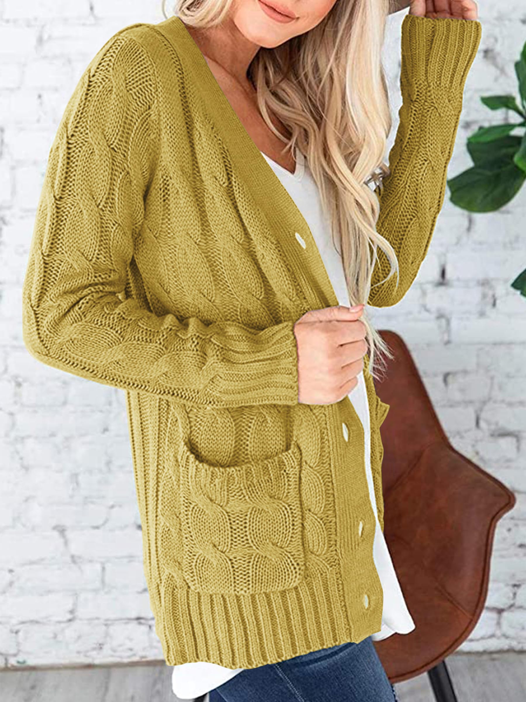Foto 4 pulgar | Jersey Tipo Cárdigan Prettygarden Para Mujer, Tejido Trenzado, Amarillo - Venta Internacional.