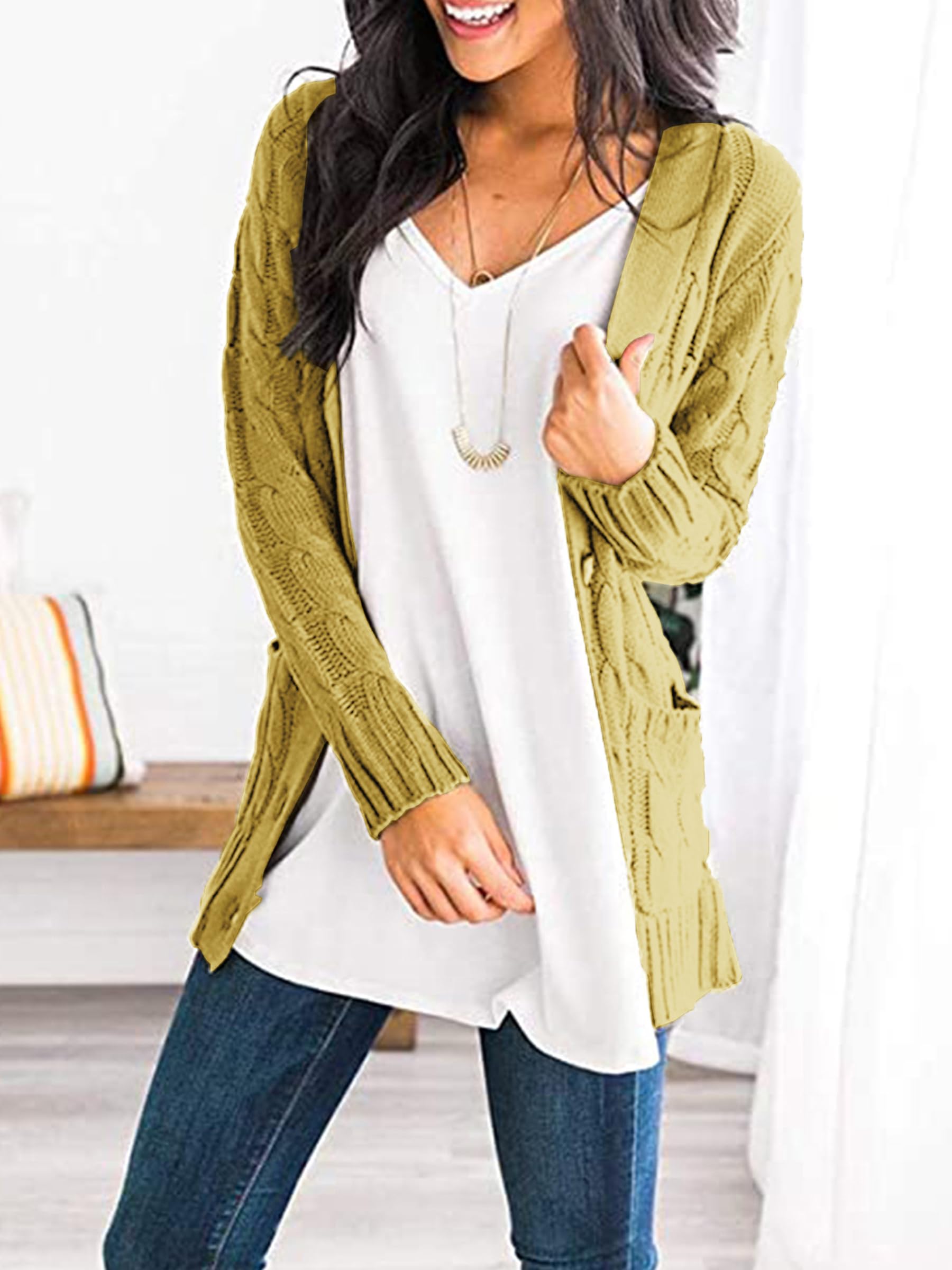 Foto 6 pulgar | Jersey Tipo Cárdigan Prettygarden Para Mujer, Tejido Trenzado, Amarillo - Venta Internacional.