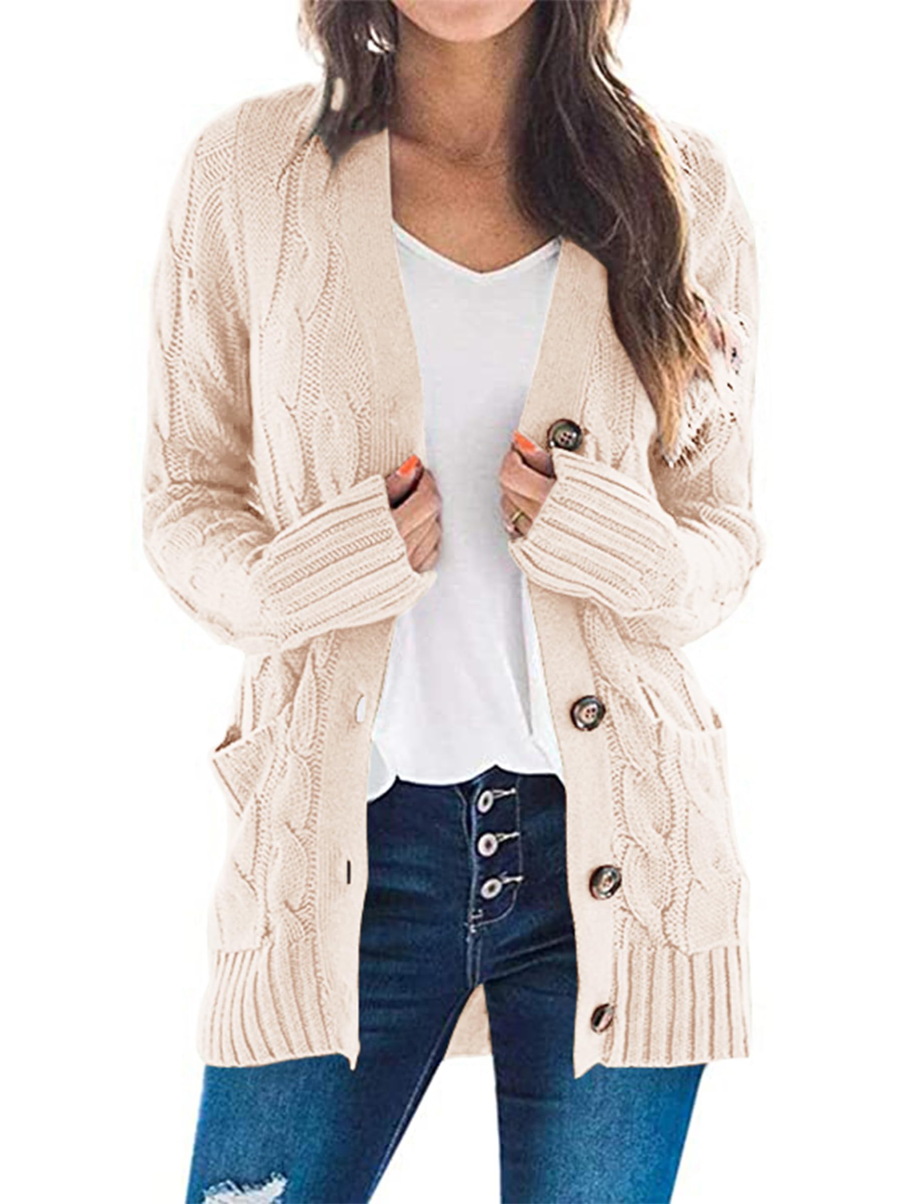 Foto 2 pulgar | Jersey Tipo Cárdigan Prettygarden De Punto Trenzado Para Mujer, Color Beige - Venta Internacional.