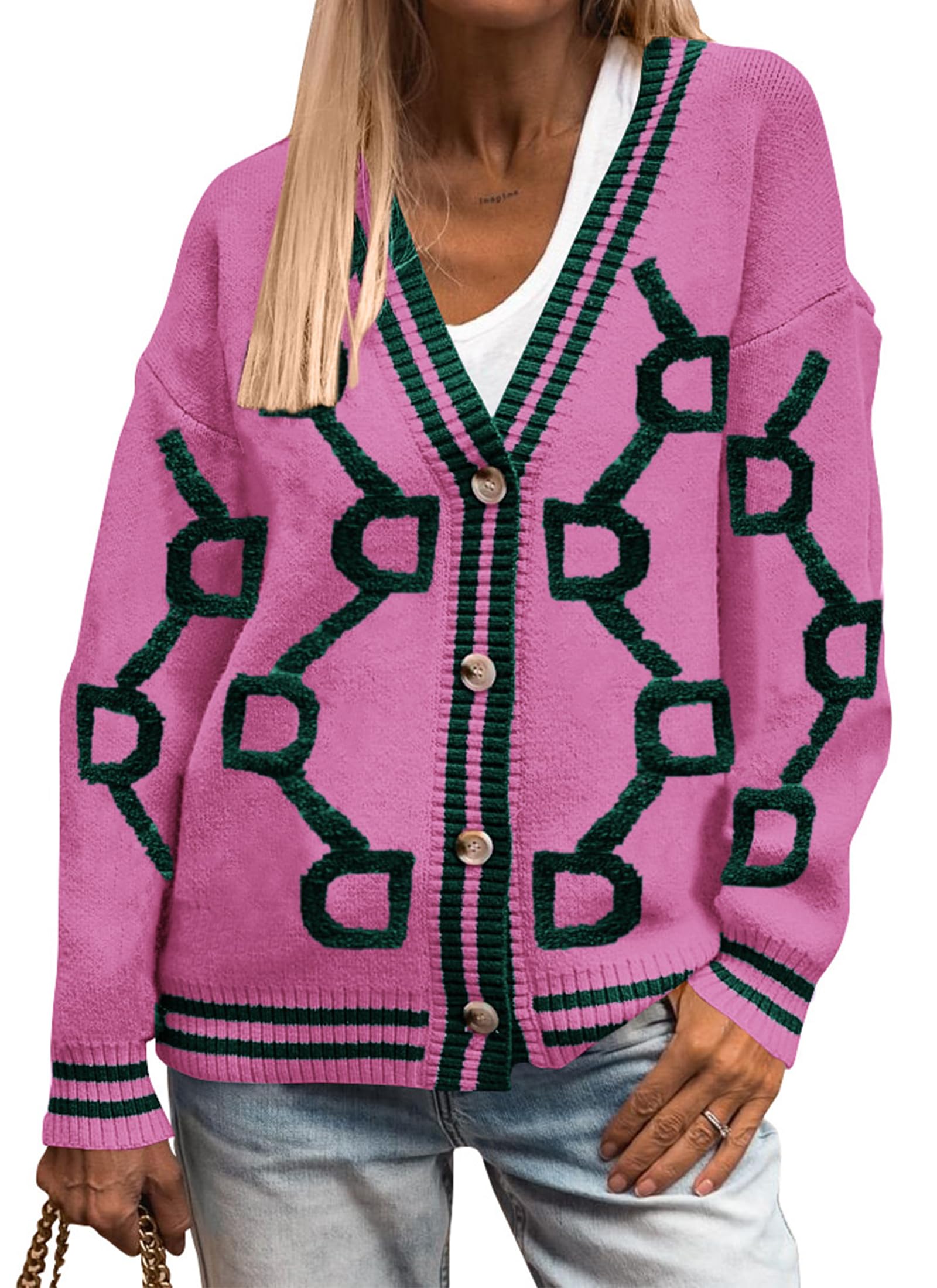 Jersey Tipo Cárdigan Prettygarden Para Mujer, De Punto Grueso, Rojo Rosa, Talla M - Venta Internacional.