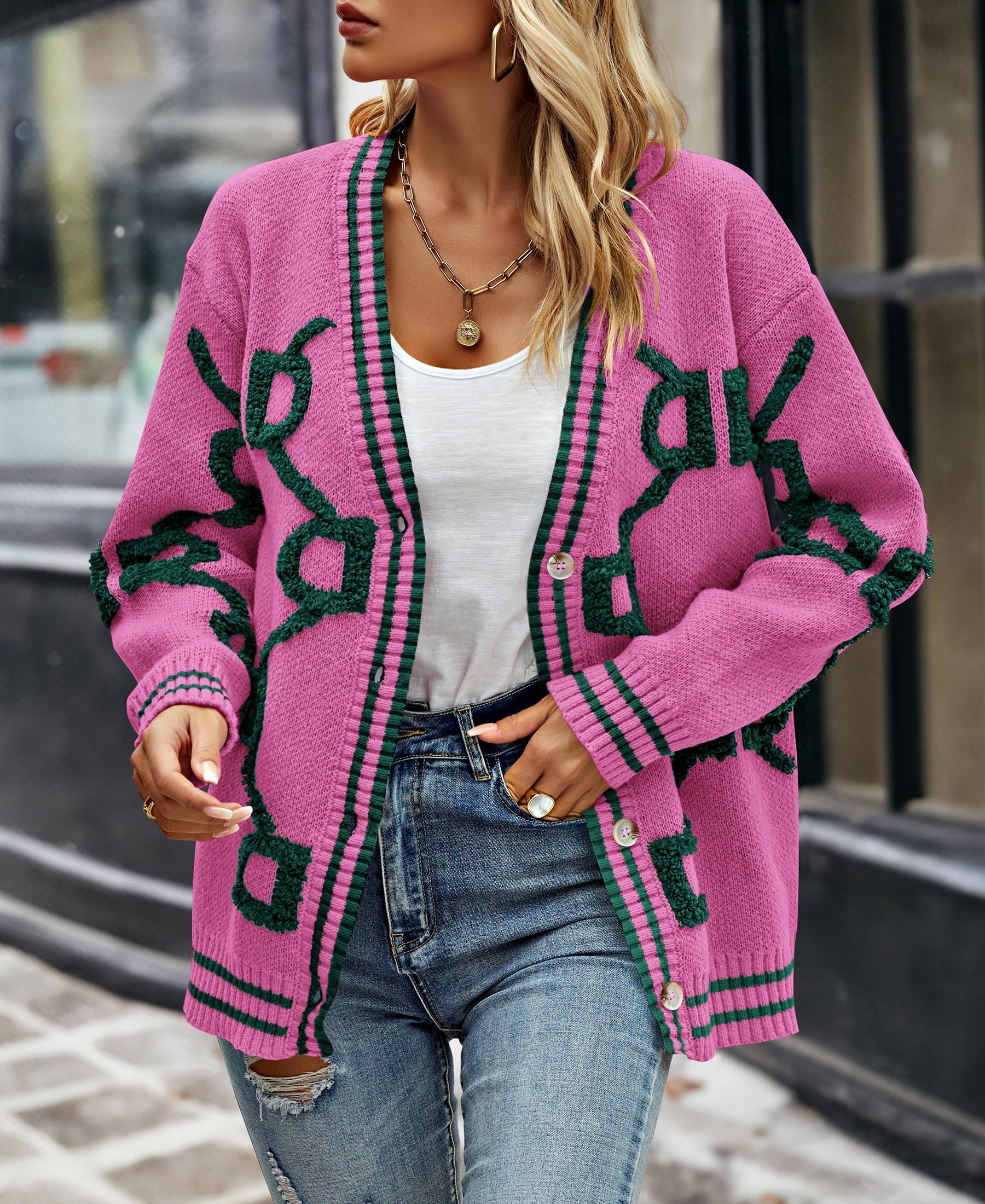 Foto 4 pulgar | Jersey Tipo Cárdigan Prettygarden Para Mujer, De Punto Grueso, Rojo Rosa, Talla M - Venta Internacional.