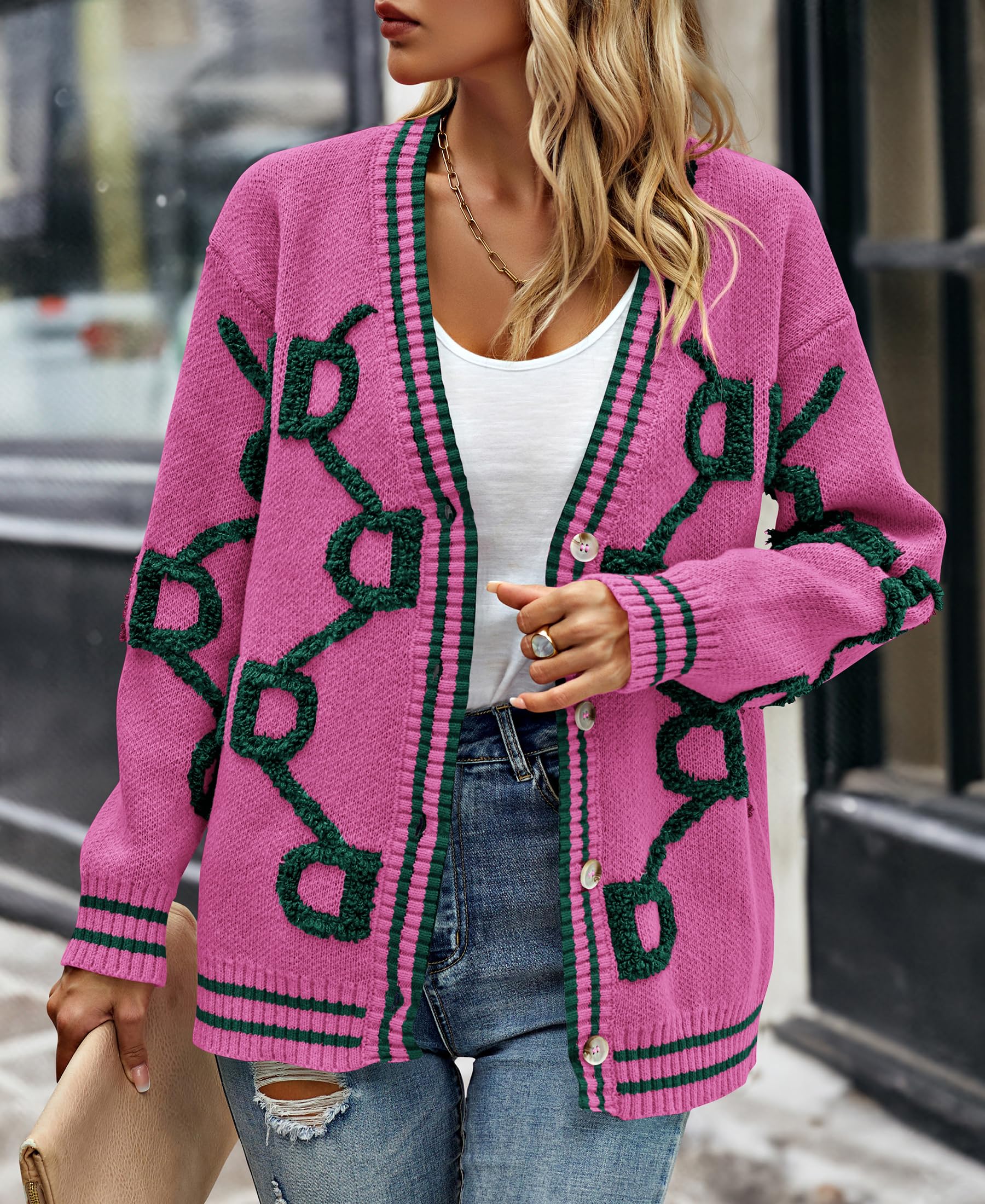 Foto 4 | Jersey Tipo Cárdigan Prettygarden Para Mujer, De Punto Grueso, Rojo Rosa, Talla M - Venta Internacional.