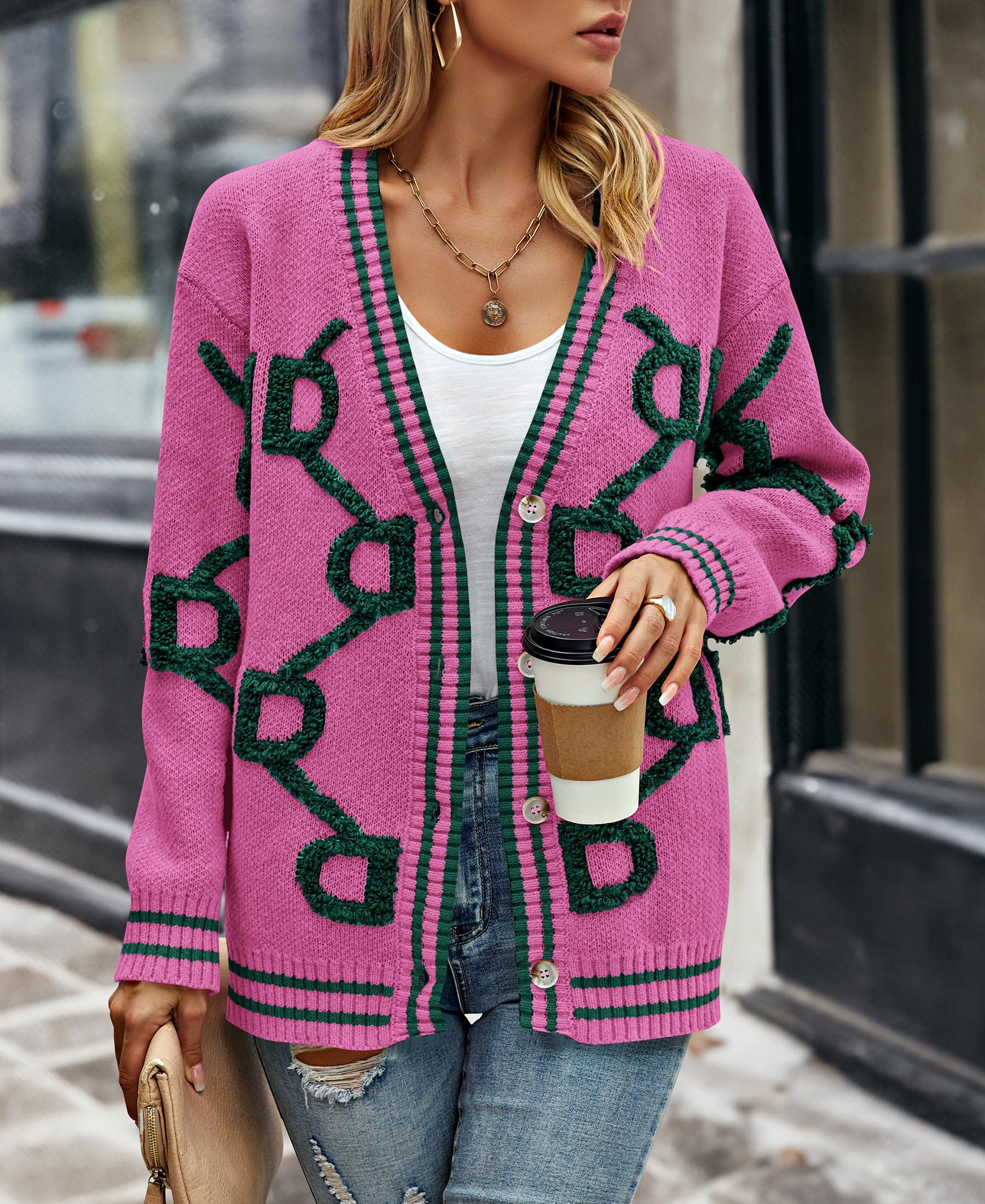 Foto 5 | Jersey Tipo Cárdigan Prettygarden Para Mujer, De Punto Grueso, Rojo Rosa, Talla M - Venta Internacional.