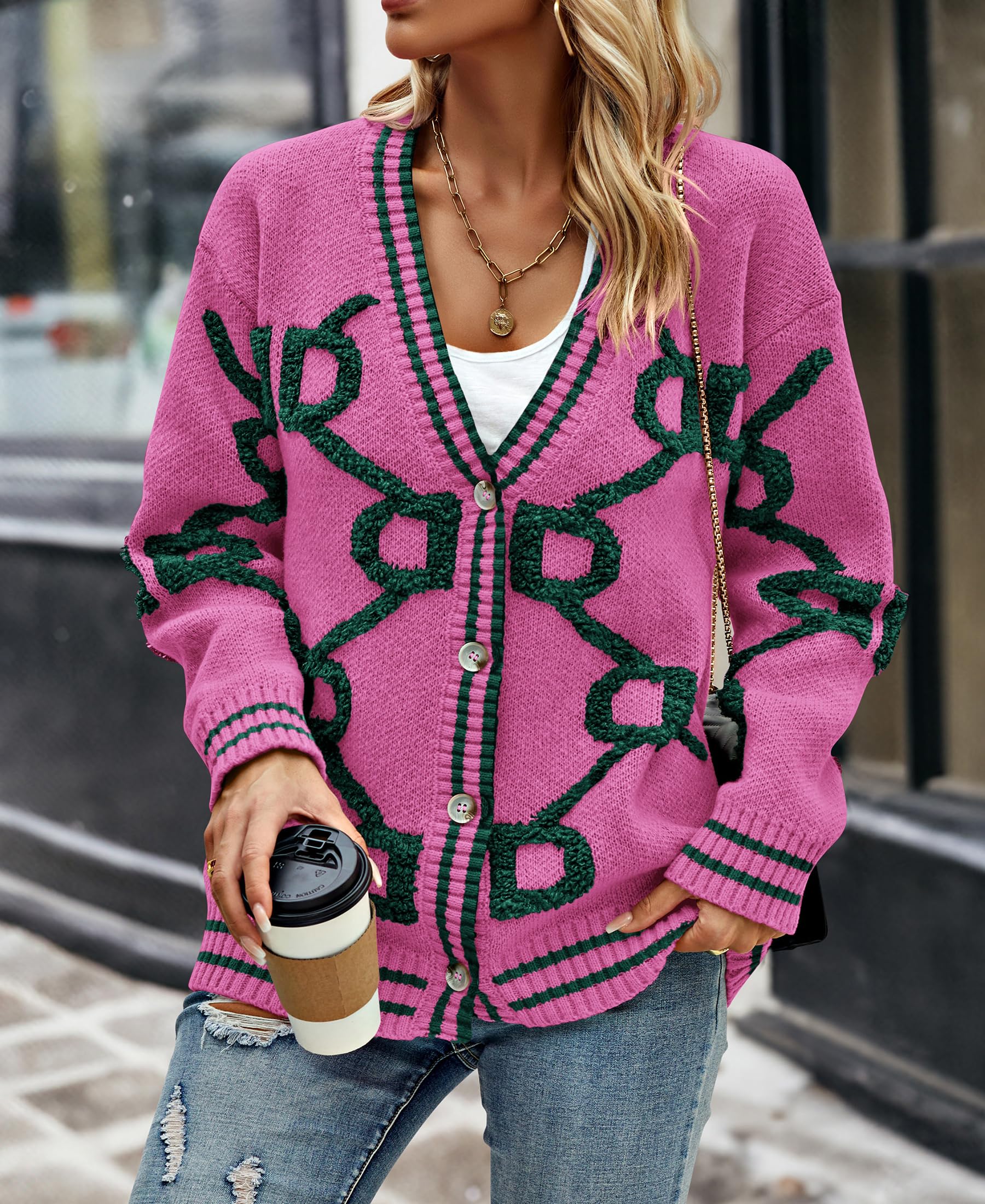 Foto 7 | Jersey Tipo Cárdigan Prettygarden Para Mujer, De Punto Grueso, Rojo Rosa, Talla M - Venta Internacional.