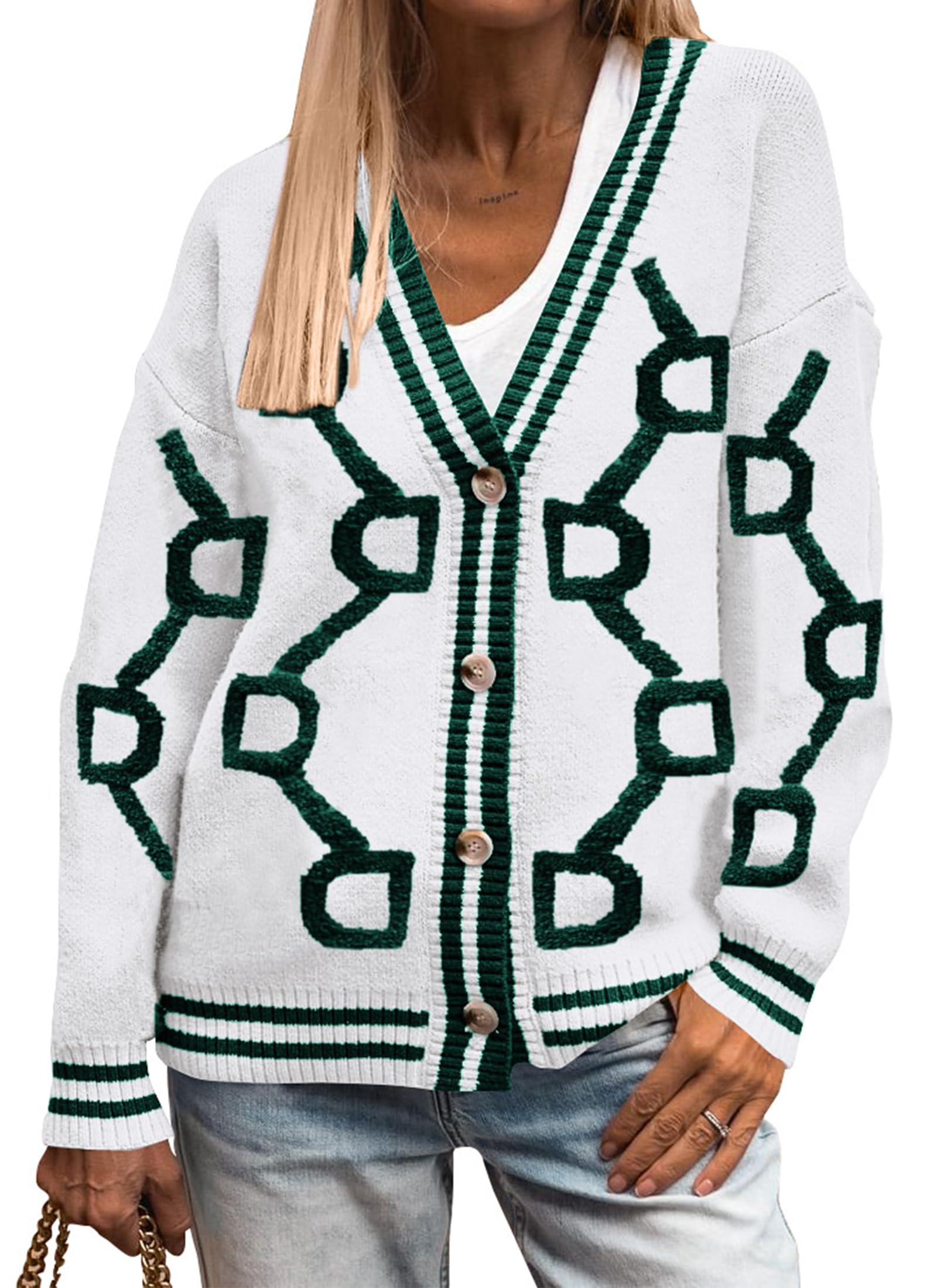 Foto 2 pulgar | Jersey Tipo Cárdigan Prettygarden Para Mujer, Punto Grueso, Blanco Y Verde - Venta Internacional.