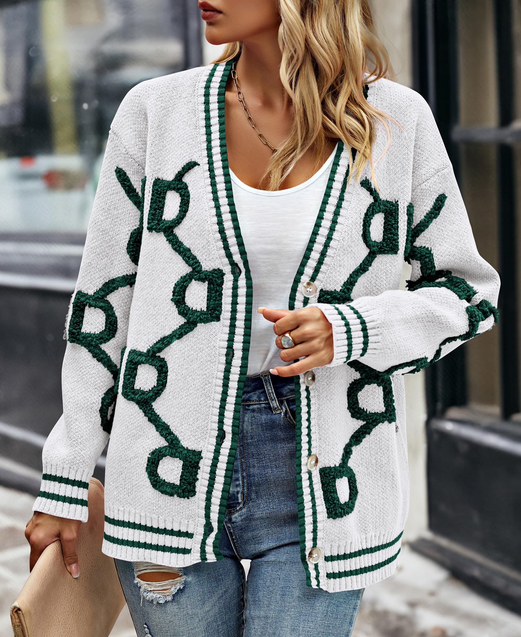 Foto 4 | Jersey Tipo Cárdigan Prettygarden Para Mujer, Punto Grueso, Blanco Y Verde - Venta Internacional.