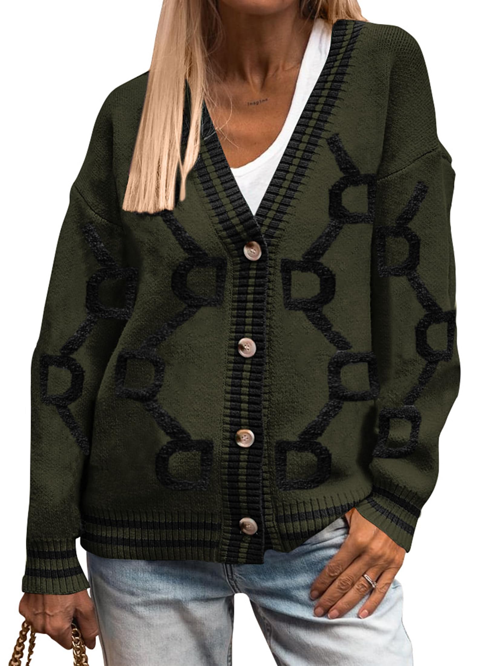 Foto 2 pulgar | Jersey Tipo Cárdigan Prettygarden De Punto Grueso Para Mujer, Color Verde Militar - Venta Internacional.