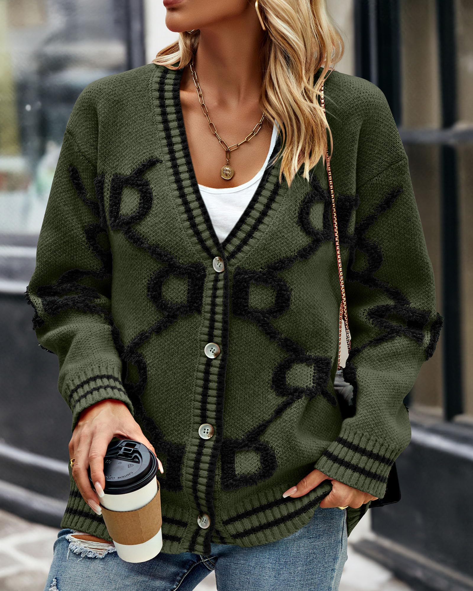 Foto 4 pulgar | Jersey Tipo Cárdigan Prettygarden De Punto Grueso Para Mujer, Color Verde Militar - Venta Internacional.