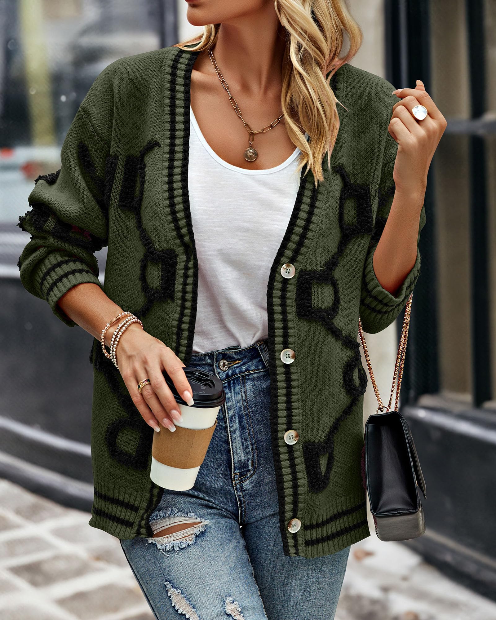 Foto 4 | Jersey Tipo Cárdigan Prettygarden De Punto Grueso Para Mujer, Color Verde Militar - Venta Internacional.