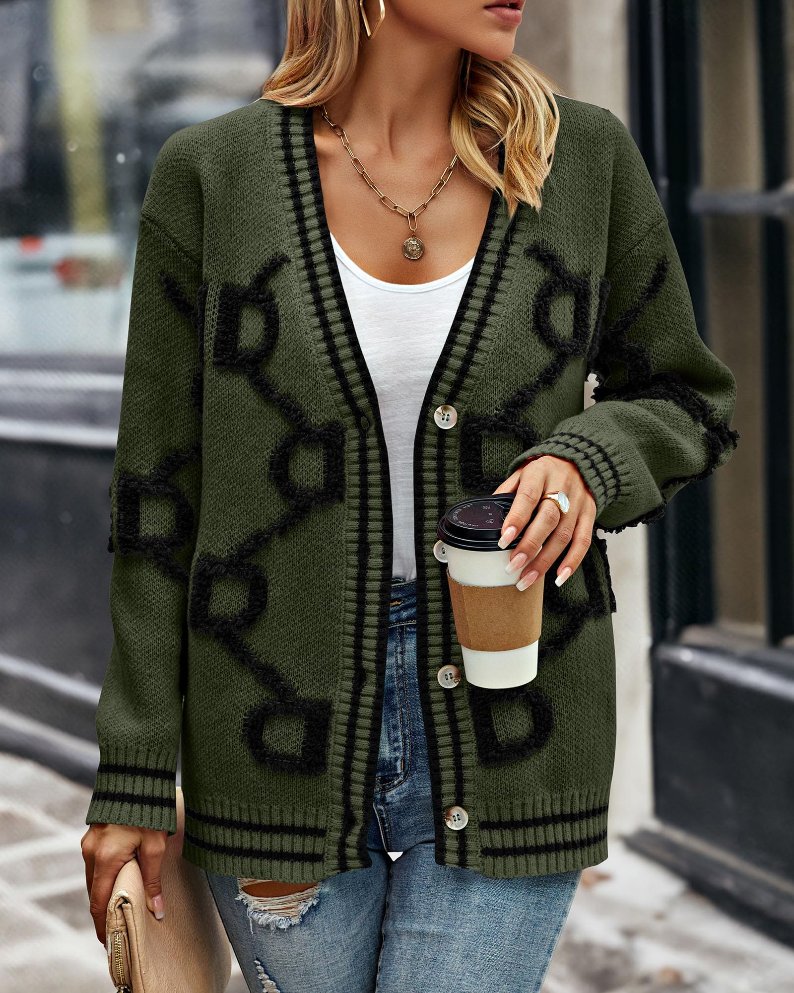 Foto 5 | Jersey Tipo Cárdigan Prettygarden De Punto Grueso Para Mujer, Color Verde Militar - Venta Internacional.