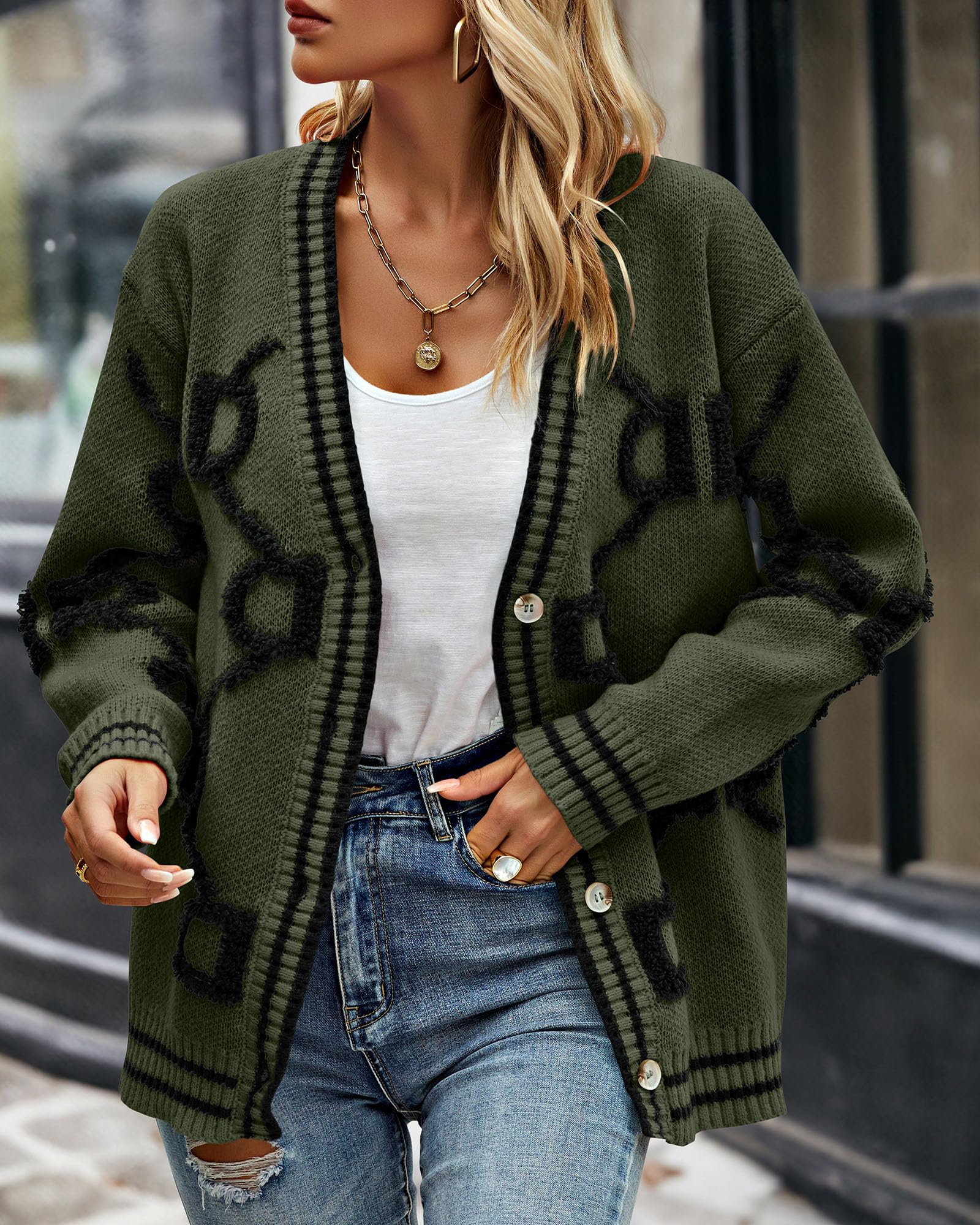 Foto 7 | Jersey Tipo Cárdigan Prettygarden De Punto Grueso Para Mujer, Color Verde Militar - Venta Internacional.