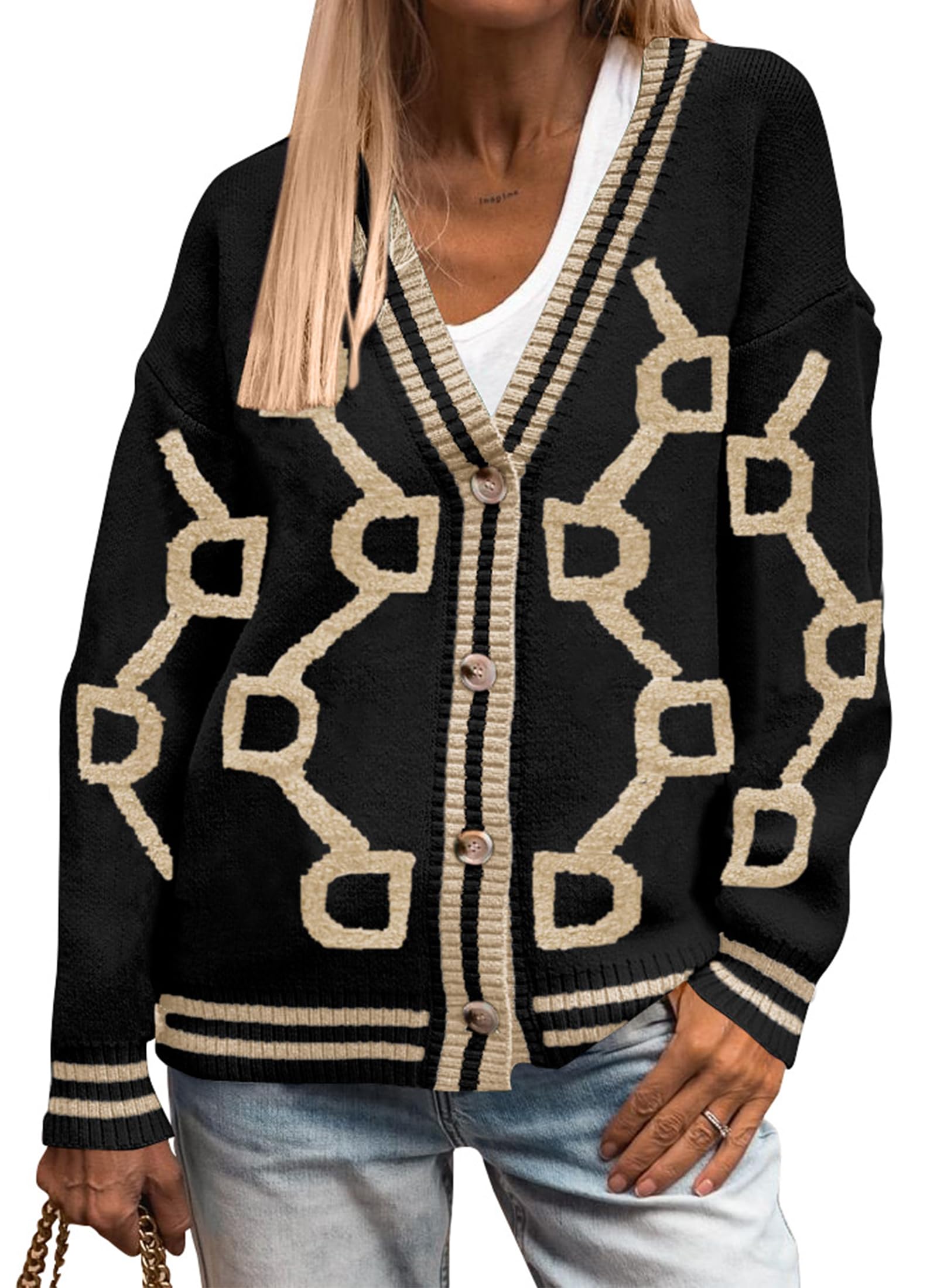 Jersey Tipo Cárdigan Prettygarden De Punto Grueso Para Mujer, Color Negro Albaricoque - Venta Internacional.