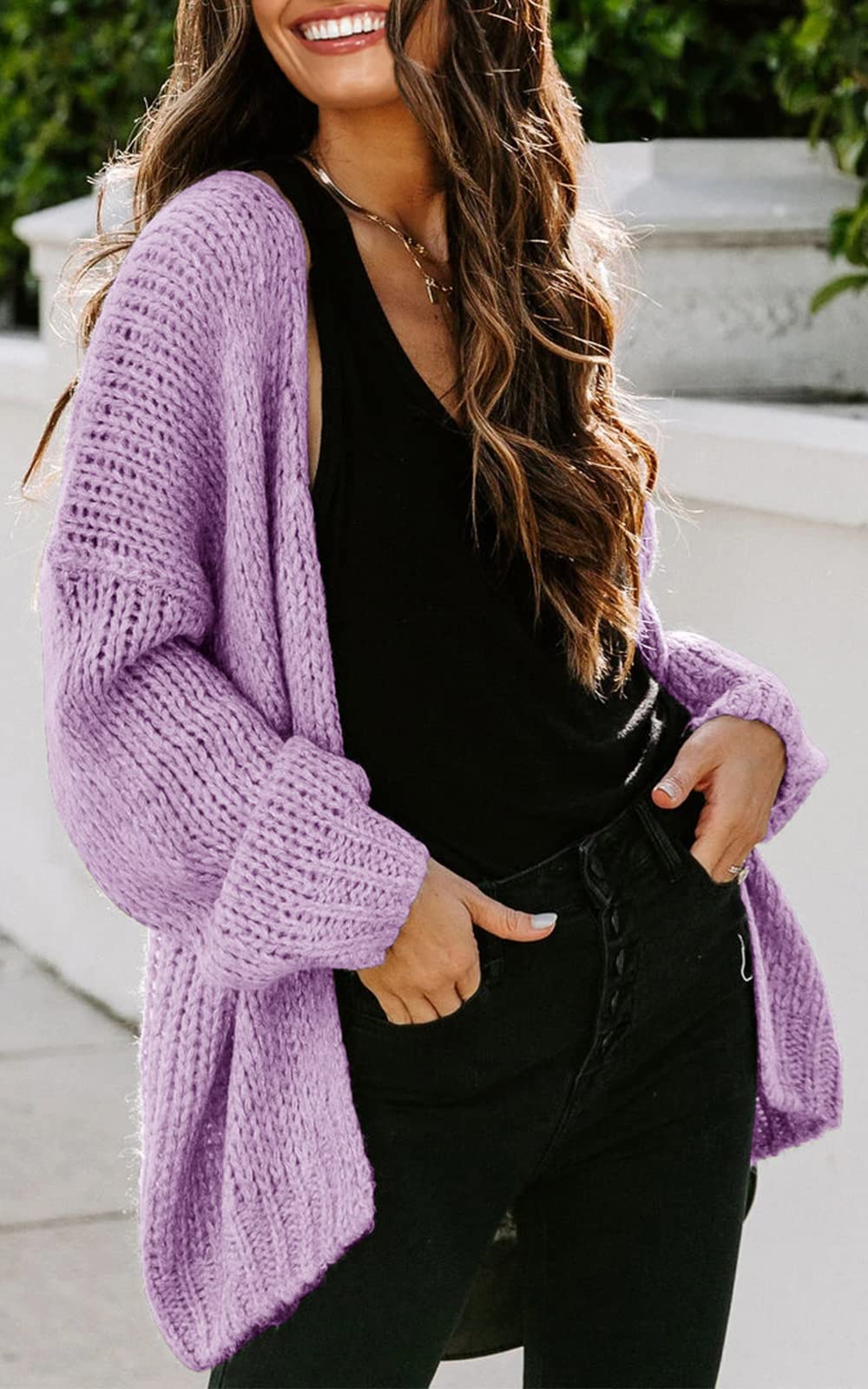 Foto 2 | Jersey Tipo Cárdigan Prettygarden Con Parte Delantera Abierta, Midi, Largo, Color Morado - Venta Internacional.