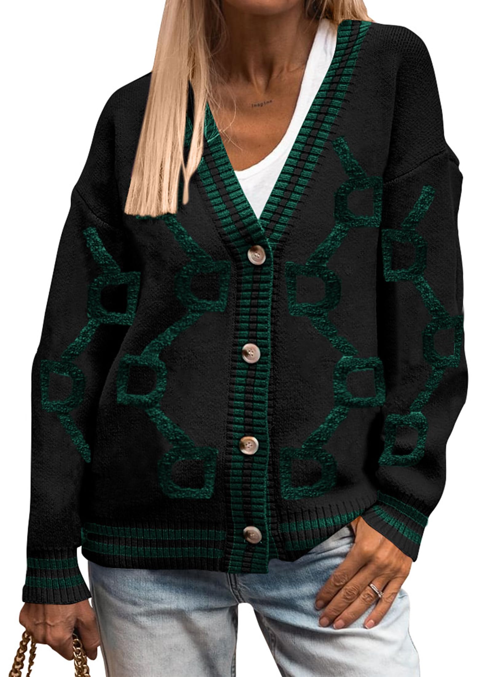 Jersey Tipo Cárdigan Prettygarden De Punto Grueso Para Mujer, Negro Y Verde - Venta Internacional.