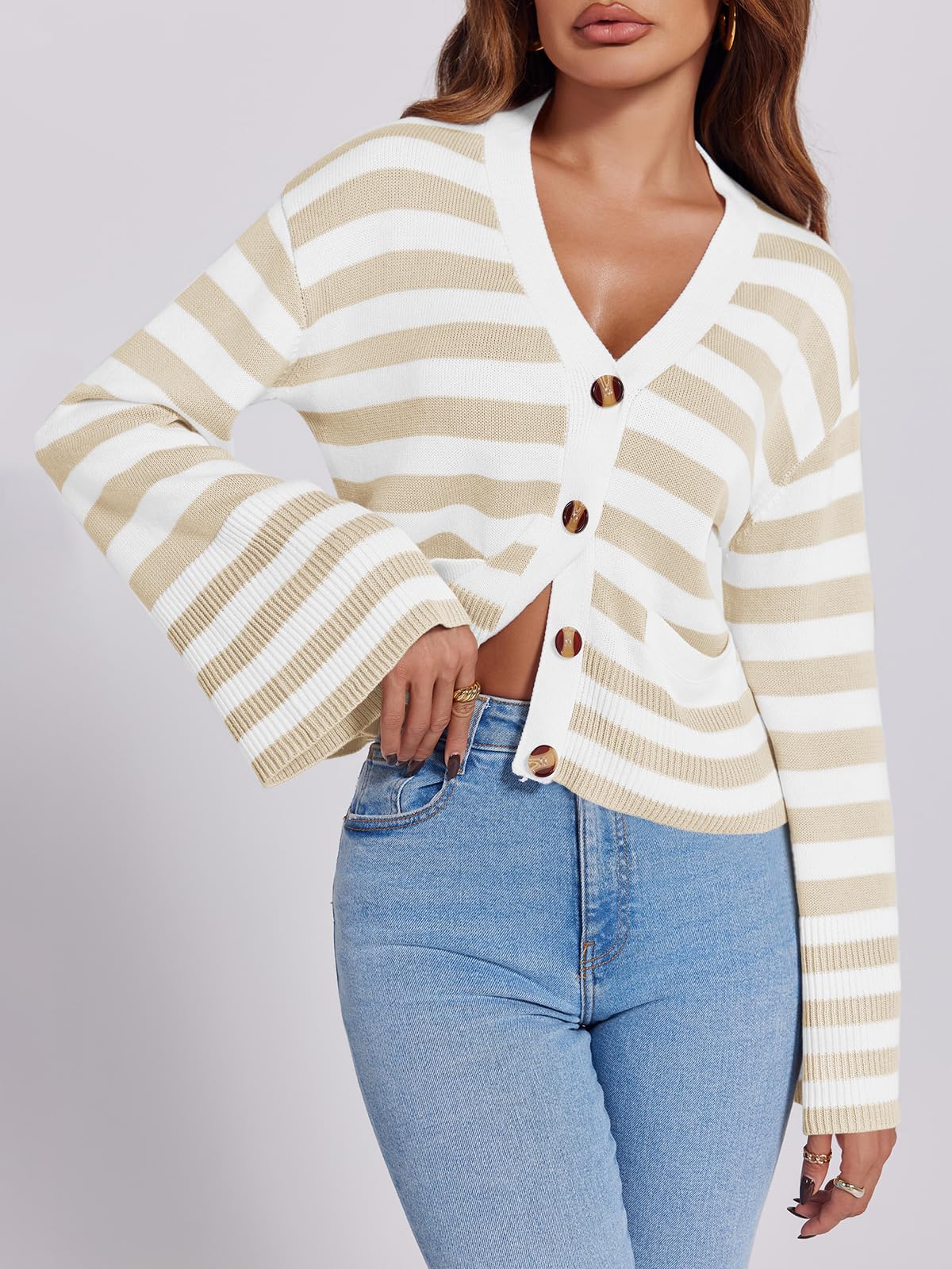 Foto 4 pulgar | Jersey Tipo Cárdigan Saodimallsu A Rayas Para Mujer, Abrigo De Punto - Venta Internacional.
