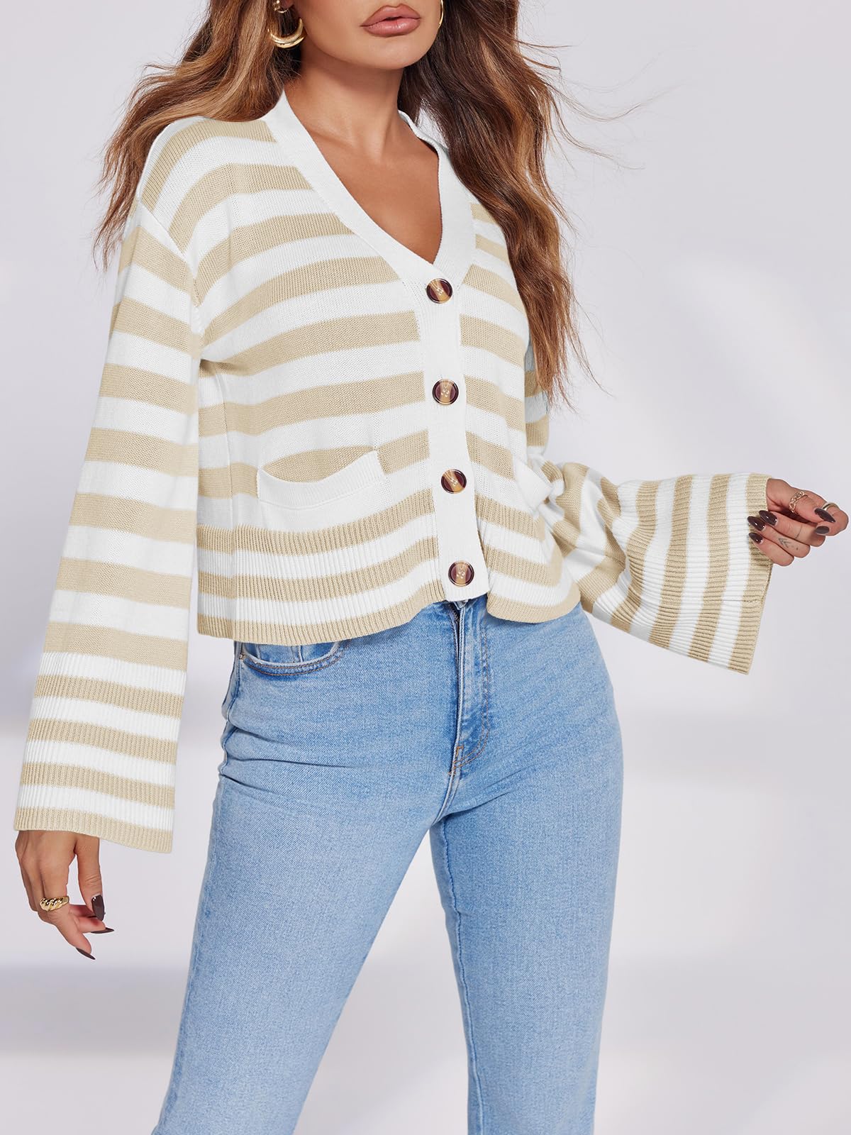 Foto 4 | Jersey Tipo Cárdigan Saodimallsu A Rayas Para Mujer, Abrigo De Punto - Venta Internacional.
