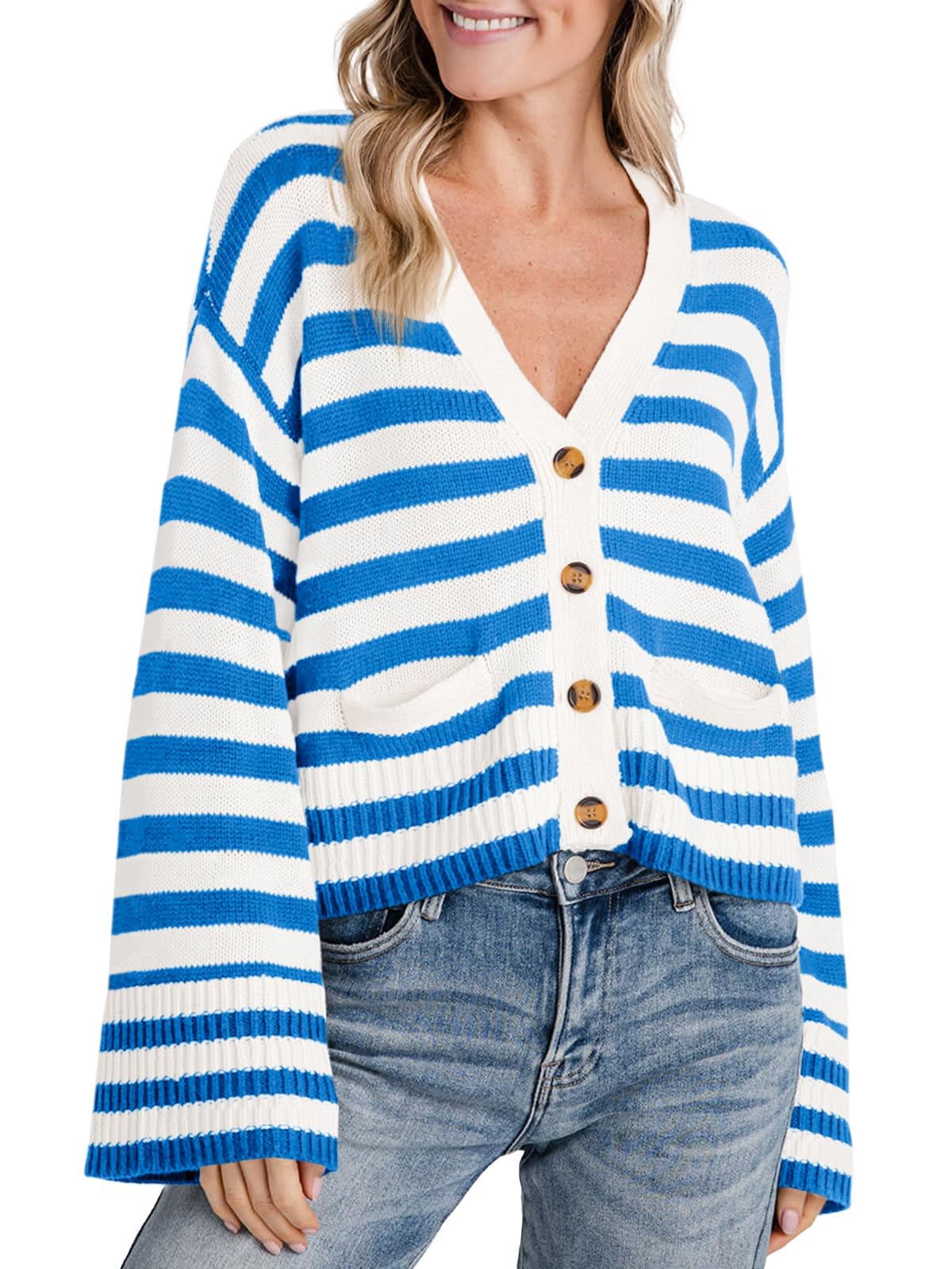 Foto 1 | Jersey Tipo Cárdigan Saodimallsu De Algodón Azul A Rayas Para Mujer - Venta Internacional.