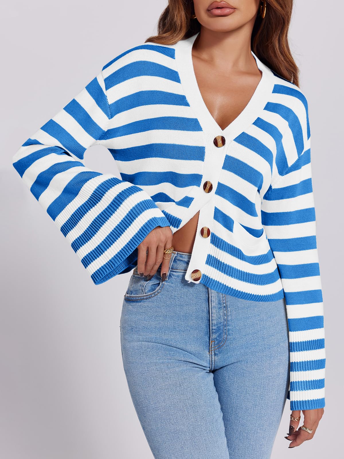 Foto 4 pulgar | Jersey Tipo Cárdigan Saodimallsu De Algodón Azul A Rayas Para Mujer - Venta Internacional.