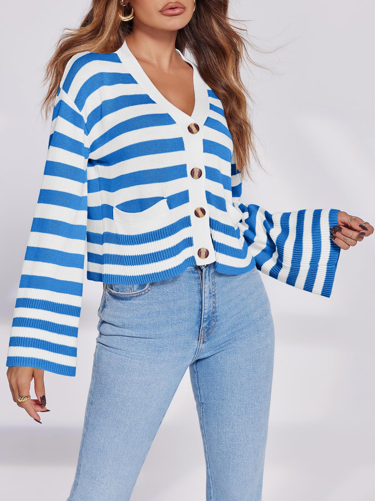 Foto 5 pulgar | Jersey Tipo Cárdigan Saodimallsu De Algodón Azul A Rayas Para Mujer - Venta Internacional.