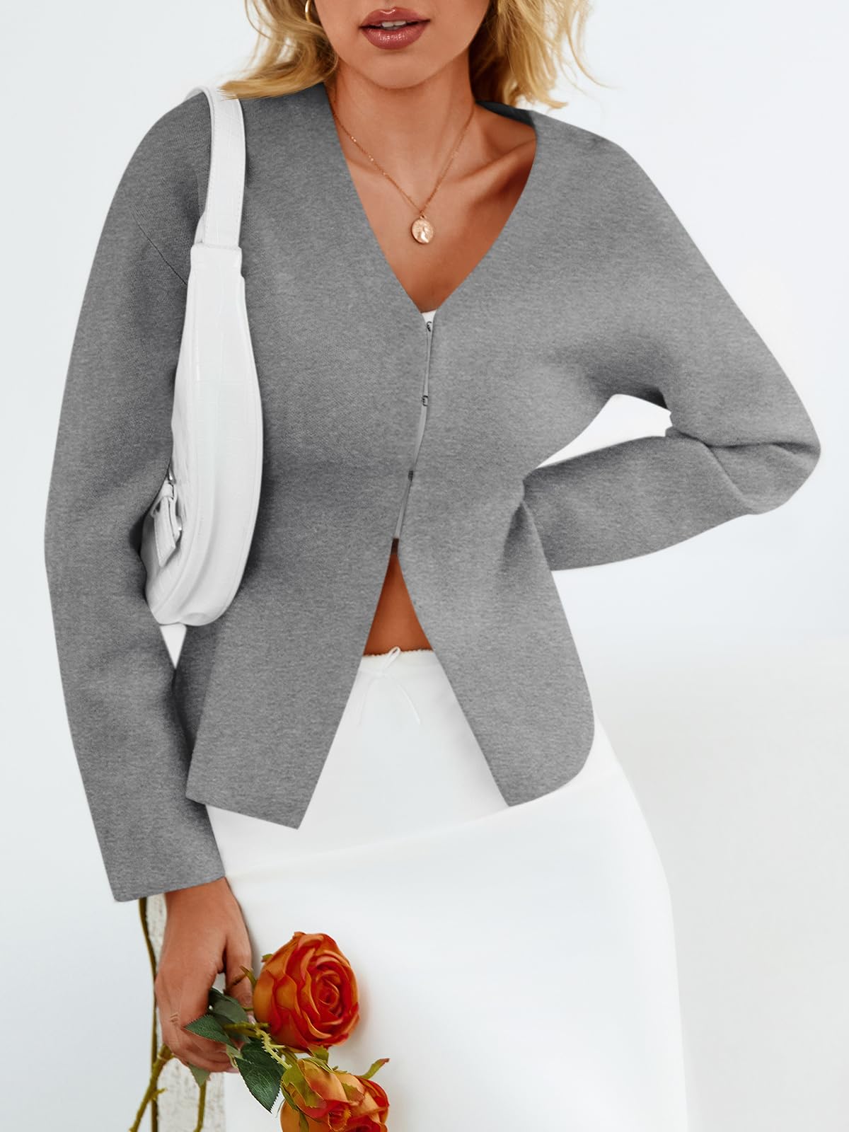 Foto 6 pulgar | Jersey Tipo Cárdigan Saodimallsu Con Cuello En V, Punto Peplum, Gris Claro - Venta Internacional.
