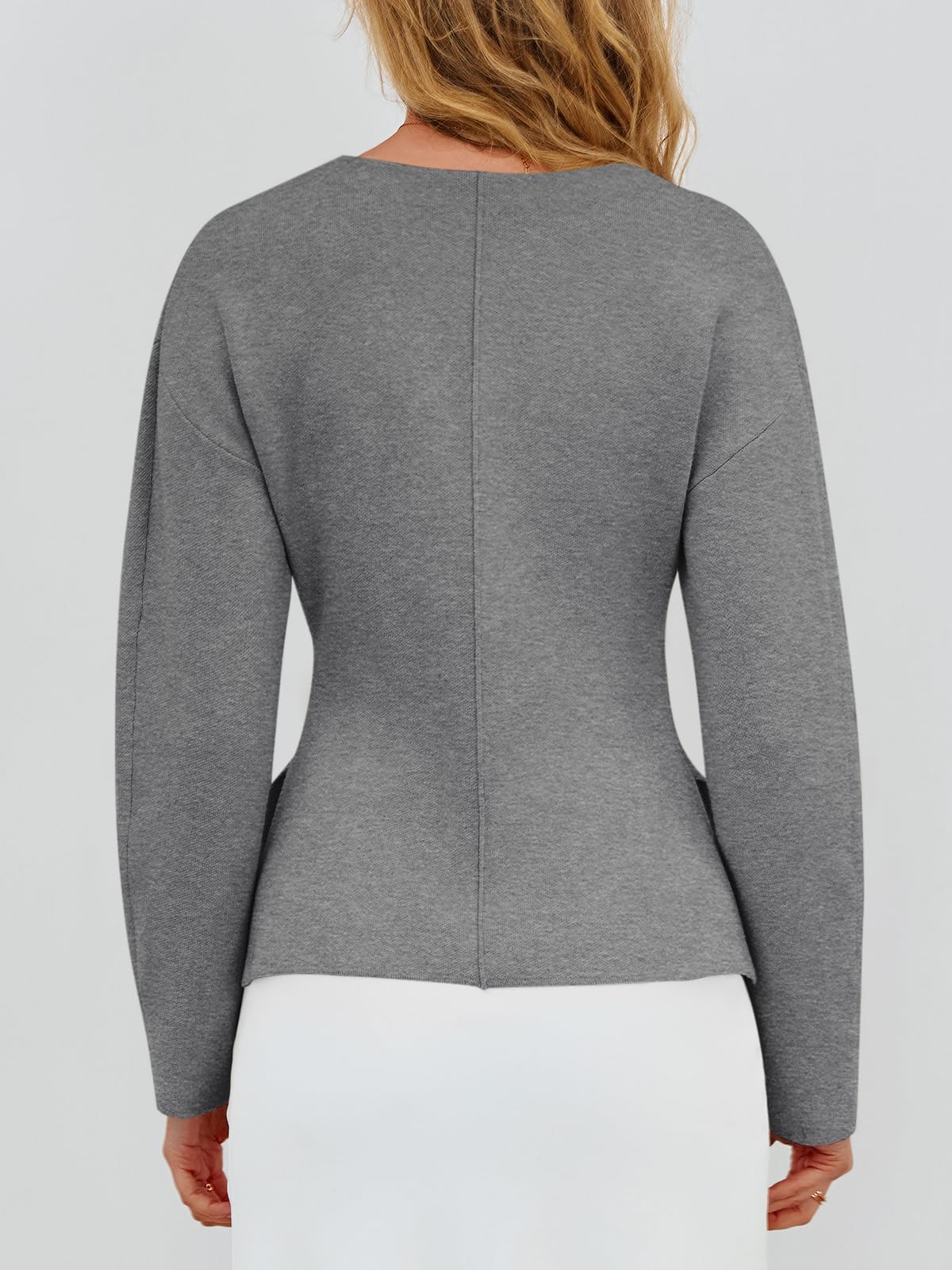 Foto 7 pulgar | Jersey Tipo Cárdigan Saodimallsu Con Cuello En V, Punto Peplum, Gris Claro - Venta Internacional.