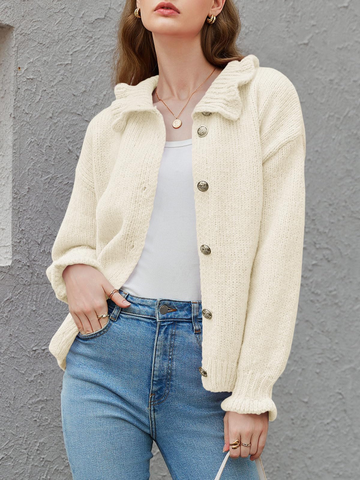 Foto 3 | Cárdigan Saodimallsu De Punto Con Volantes Y Botones Para Mujer - Venta Internacional.
