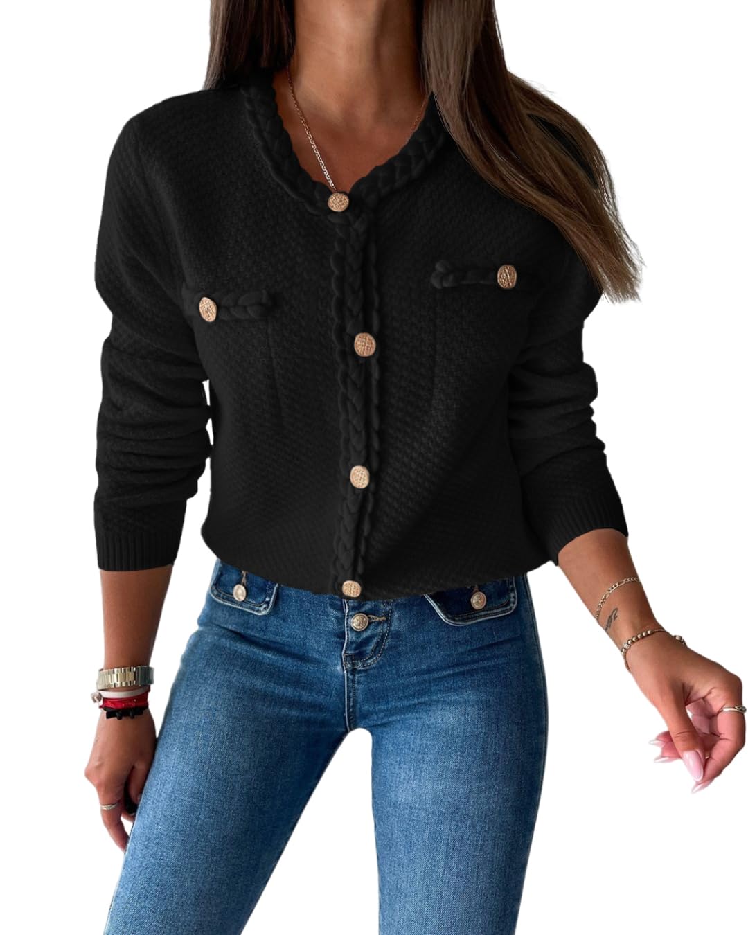 Foto 2 pulgar | Jersey Tipo Cárdigan Saodimallsu Para Mujer, Tejido Trenzado, Color Negro Otoñal - Venta Internacional.