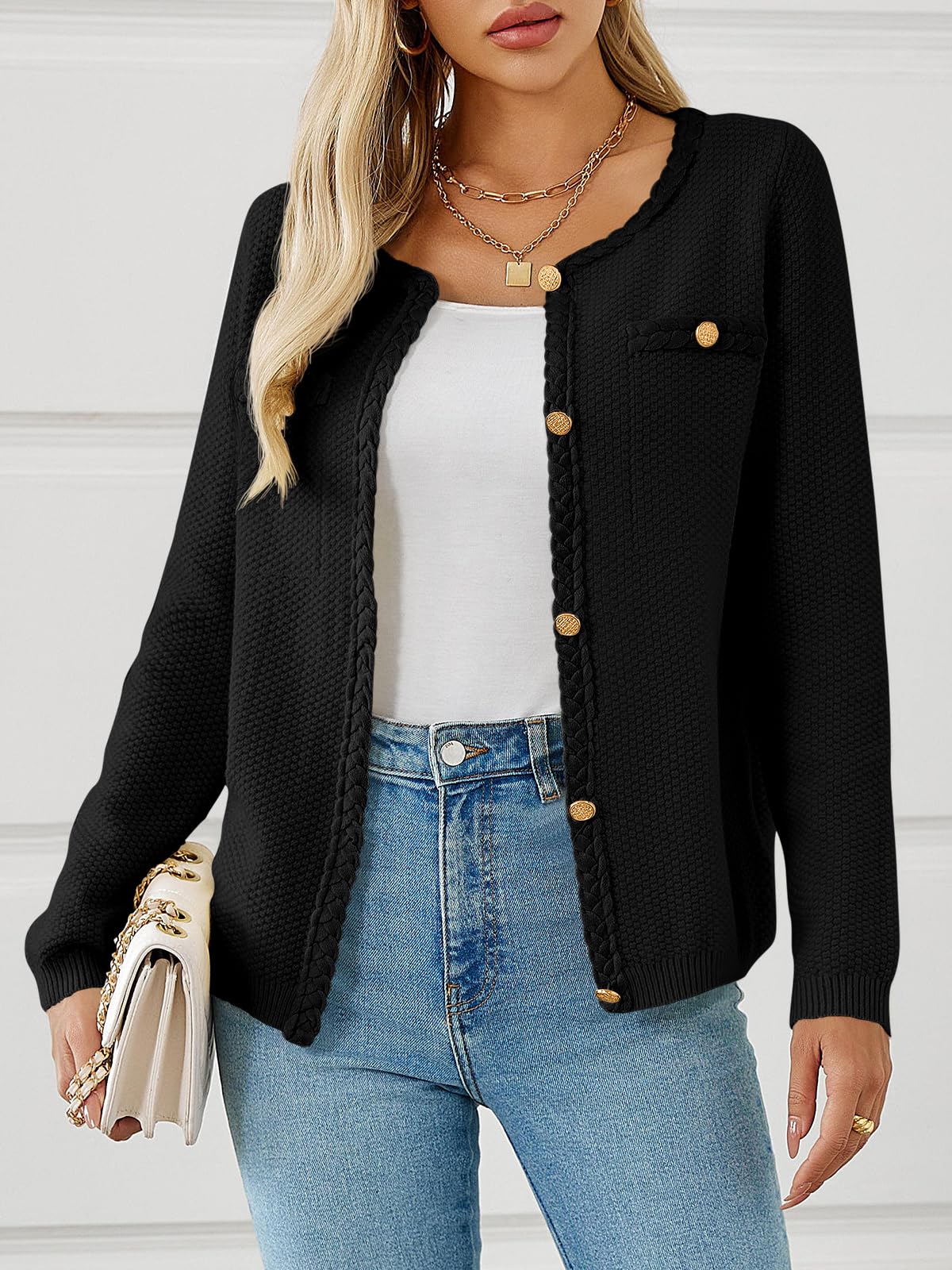 Foto 2 | Jersey Tipo Cárdigan Saodimallsu Para Mujer, Tejido Trenzado, Color Negro Otoñal - Venta Internacional.