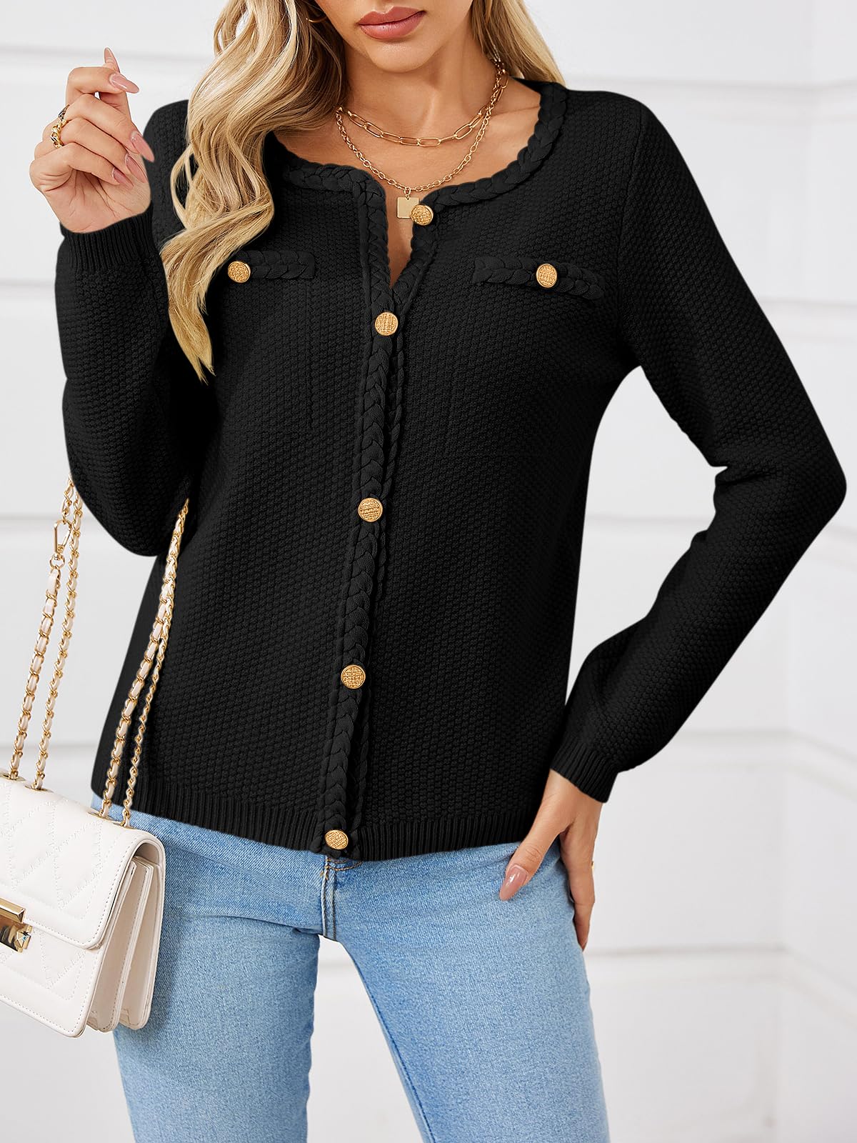 Foto 4 pulgar | Jersey Tipo Cárdigan Saodimallsu Para Mujer, Tejido Trenzado, Color Negro Otoñal - Venta Internacional.