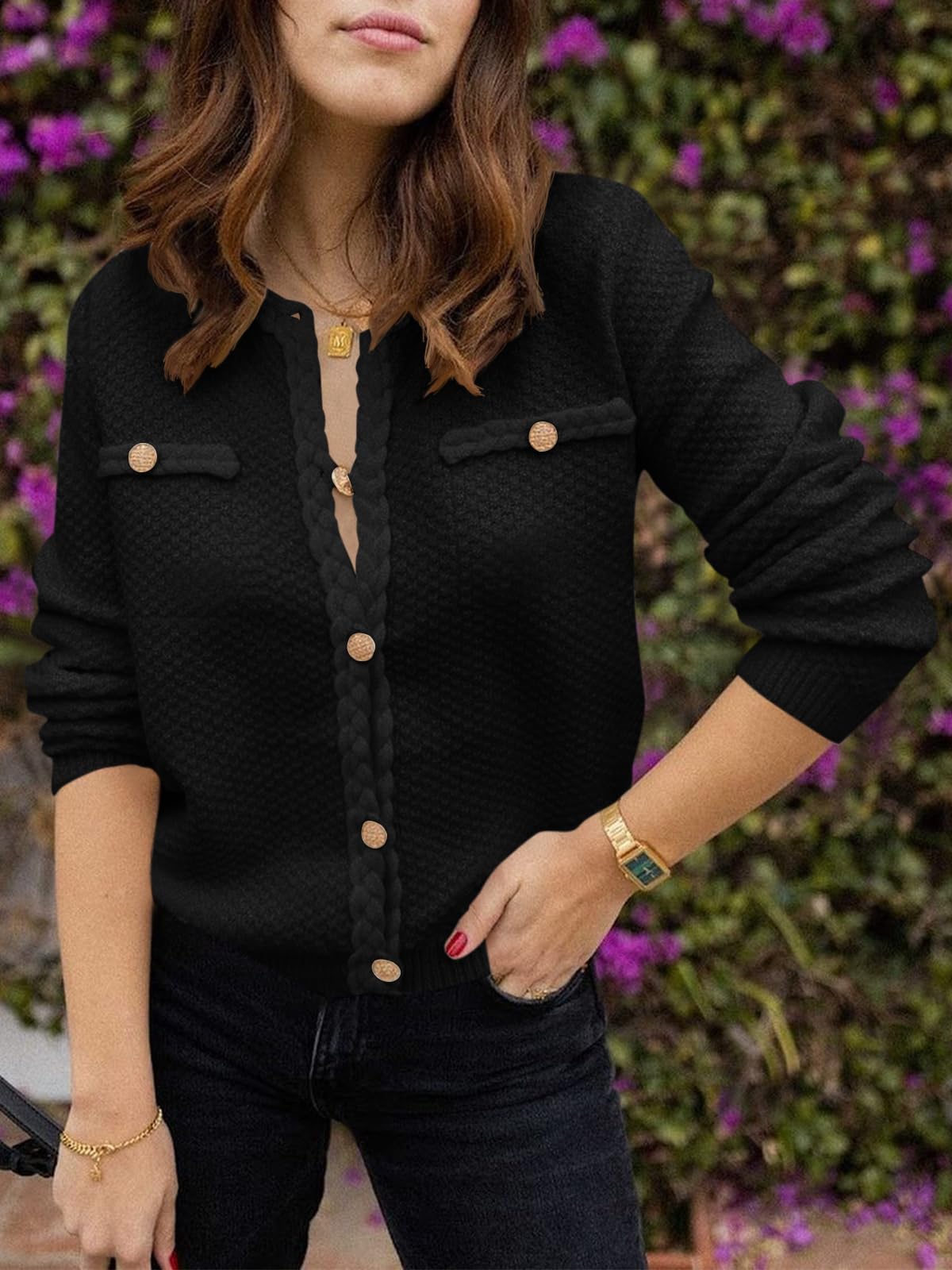 Foto 5 pulgar | Jersey Tipo Cárdigan Saodimallsu Para Mujer, Tejido Trenzado, Color Negro Otoñal - Venta Internacional.