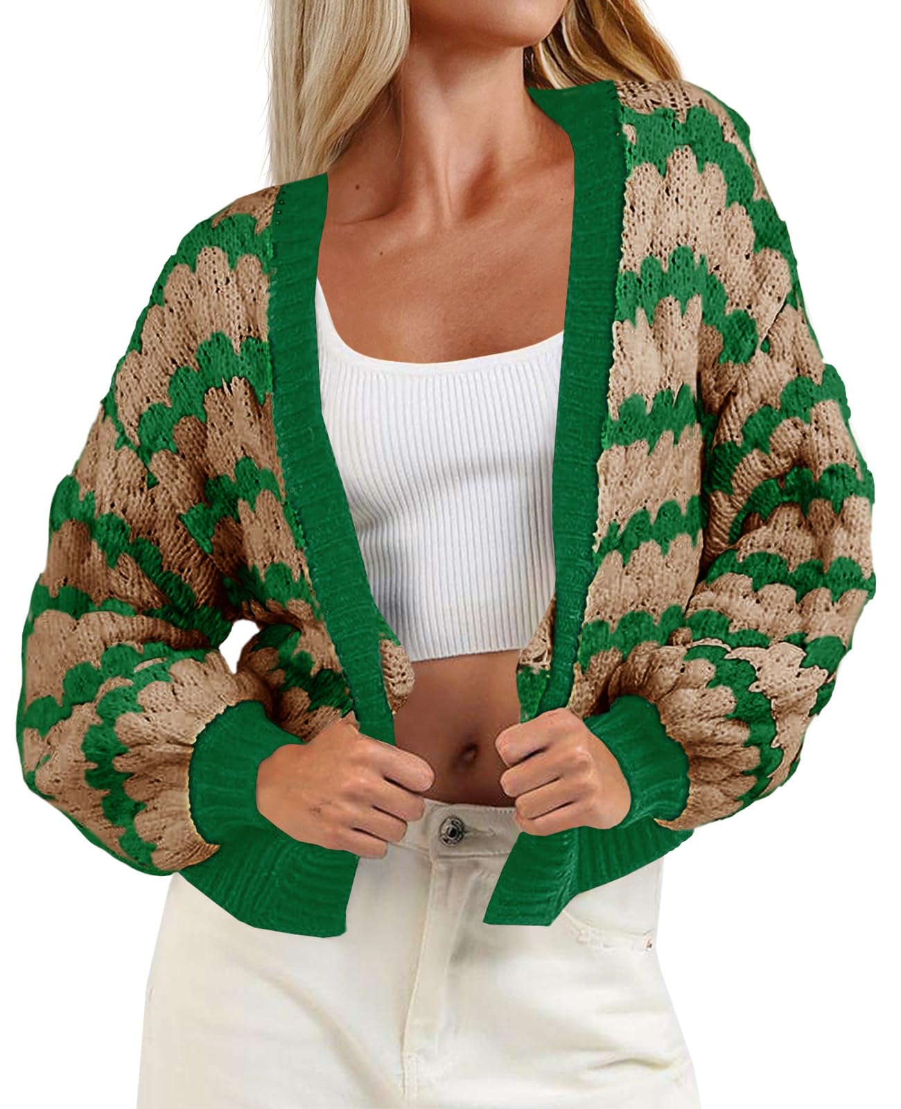 Jersey Tipo Cárdigan Saodimallsu, Corto, A Rayas, Verde, Para Mujer - Venta Internacional.