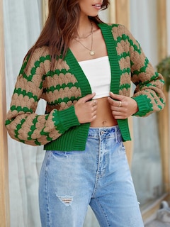 Foto 3 | Jersey Tipo Cárdigan Saodimallsu, Corto, A Rayas, Verde, Para Mujer - Venta Internacional.