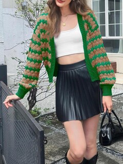 Foto 4 | Jersey Tipo Cárdigan Saodimallsu, Corto, A Rayas, Verde, Para Mujer - Venta Internacional.
